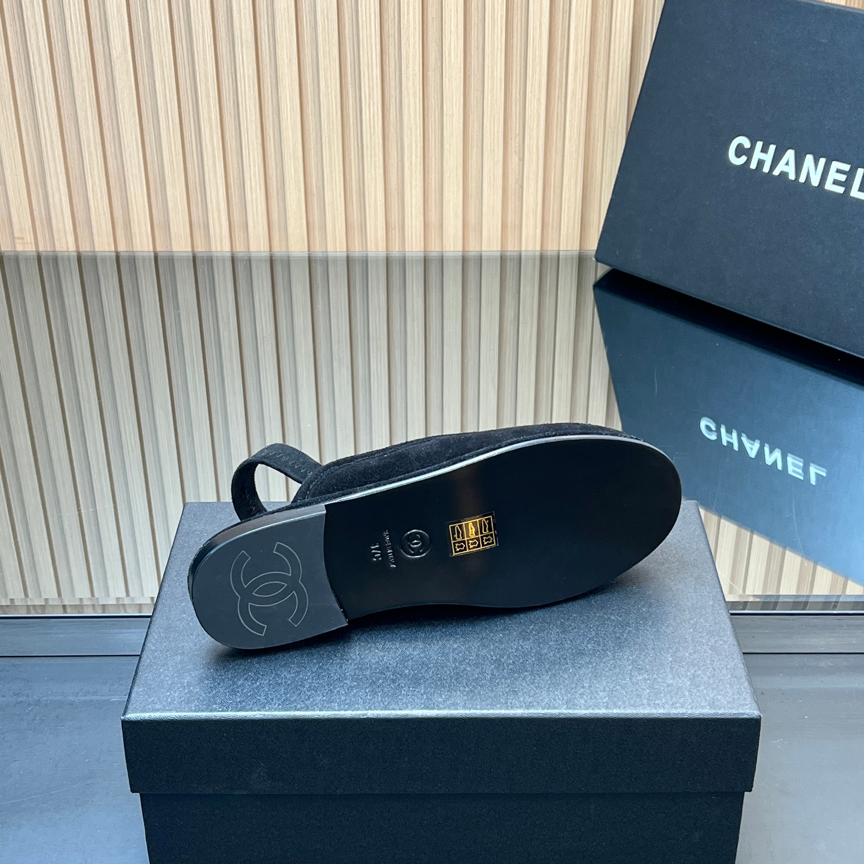 CHANEL 25S BACK STRAP MULE 15MM IN BLACK SUEDE GOLD HARDWARE