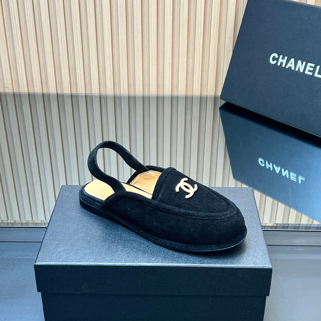 CHANEL 25S BACK STRAP MULE 15MM IN BLACK SUEDE GOLD HARDWARE