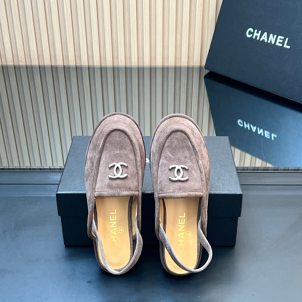 CHANEL 25S BACK STRAP MULE 15MM IN TAUPE GRAY SUEDE SILVER HARDWARE