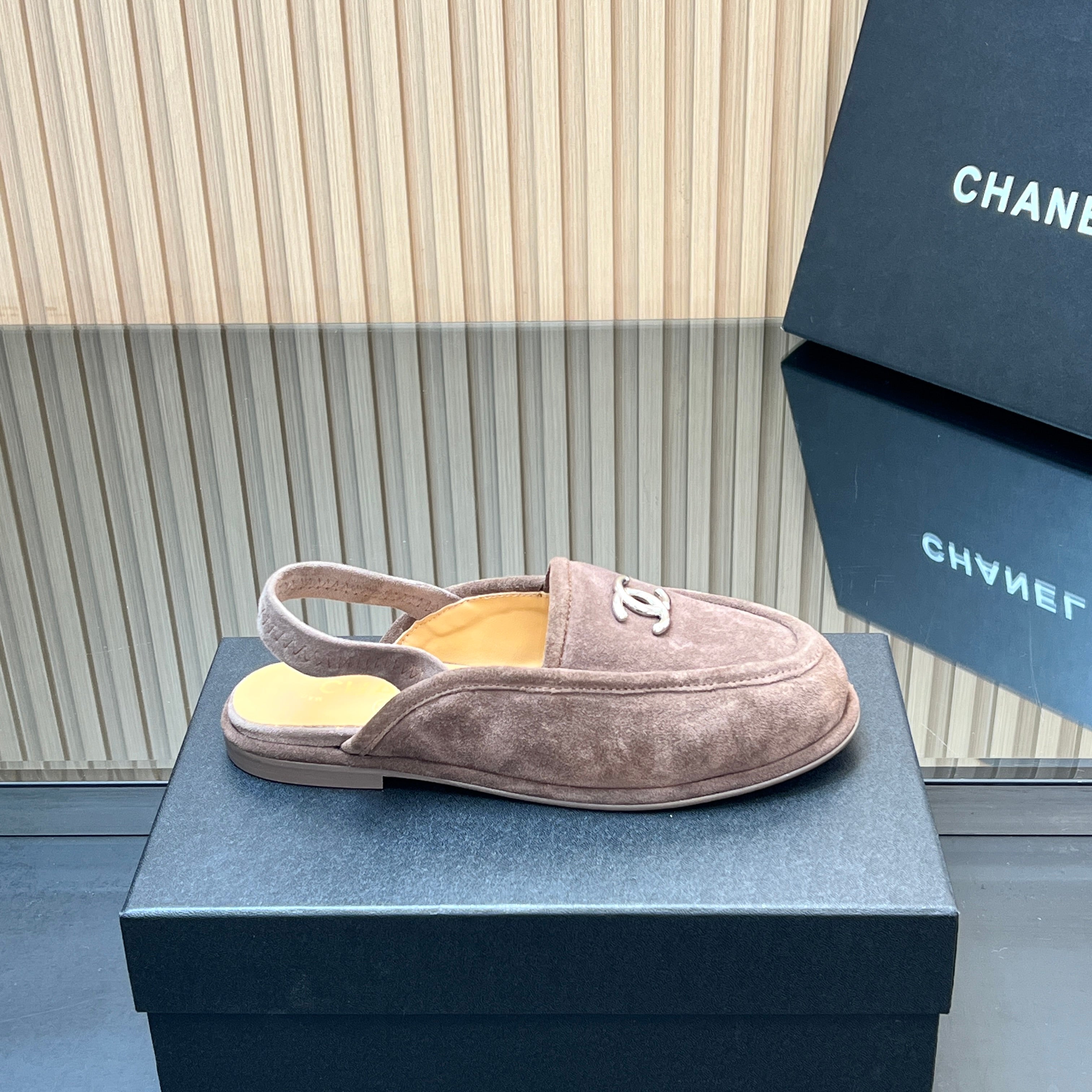CHANEL 25S BACK STRAP MULE 15MM IN TAUPE GRAY SUEDE SILVER HARDWARE