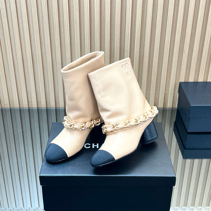 CHANEL 25S LOW BOOTS 65MM IN BEIGE CALFSKIN GOLD HARDWARE