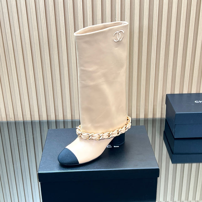 CHANEL 25S HIGH BOOTS 65MM IN BEIGE CALFSKIN GOLD HARDWARE