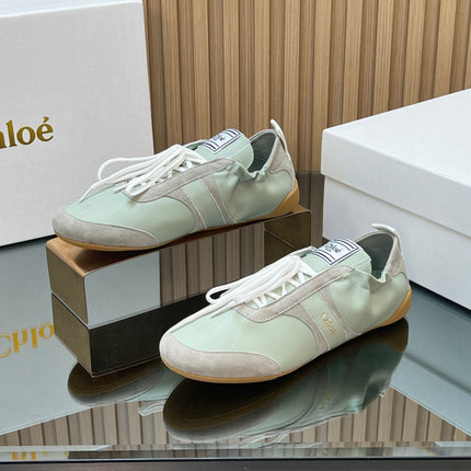 CHLOÉ 26S SNEAKERS IN LIGHT GREEN CALFSKIN AND GREY SUEDE