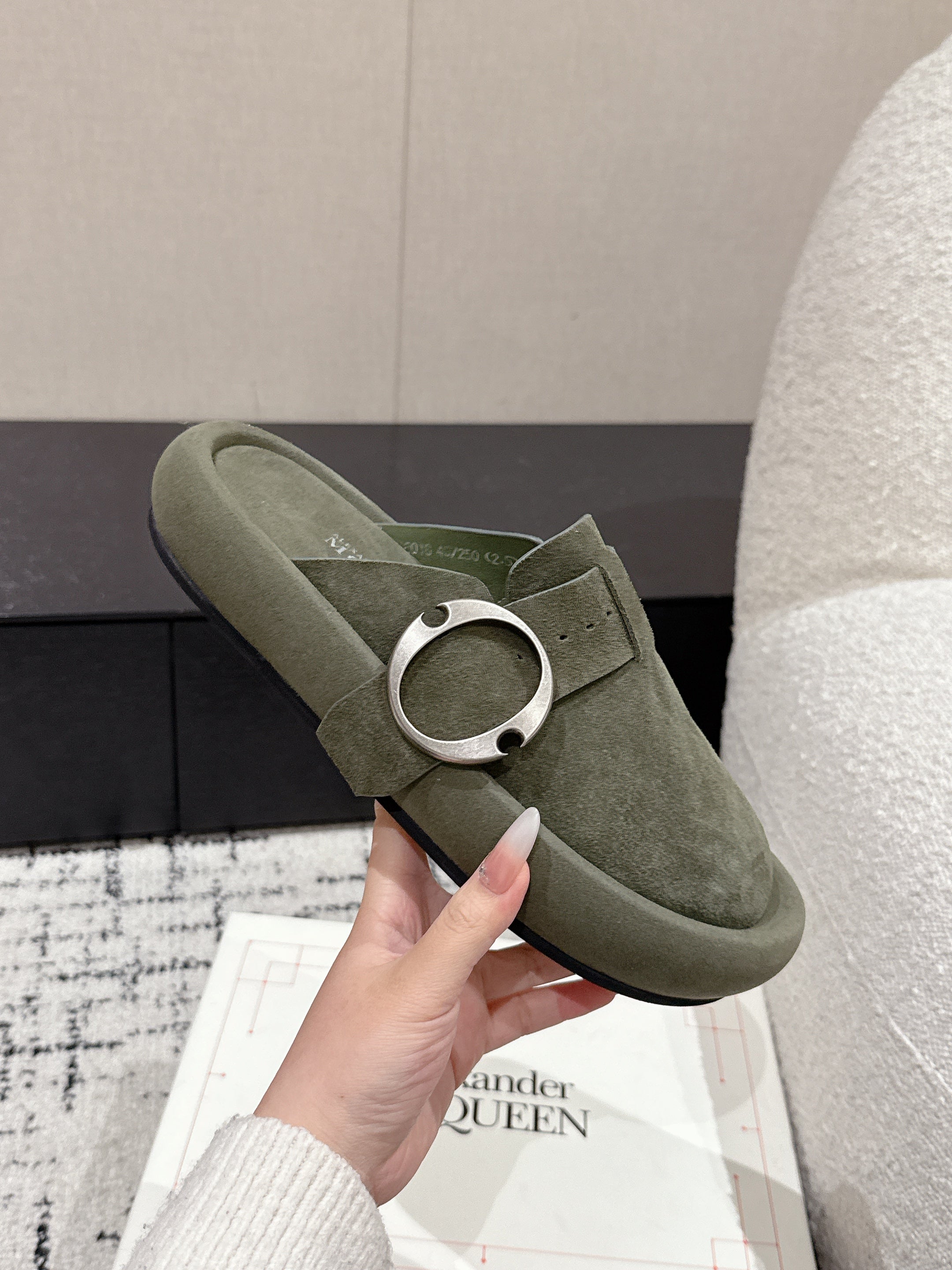 ARC CLOG MULES IN THYME GREEN SUEDE