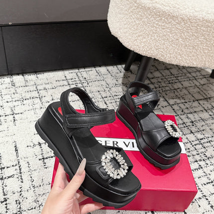 ROGER VIVIER 25S SLIDY VIV' WEDGE SANDALS 70 MM IN BLACK CALFSKIN EMBELLISHED CRYSTALS