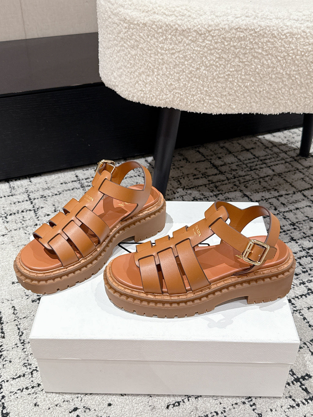 PRADA 25S FISHERMAN OPEN TOE SANDALS IN BURNT ORANGE CALFSKIN