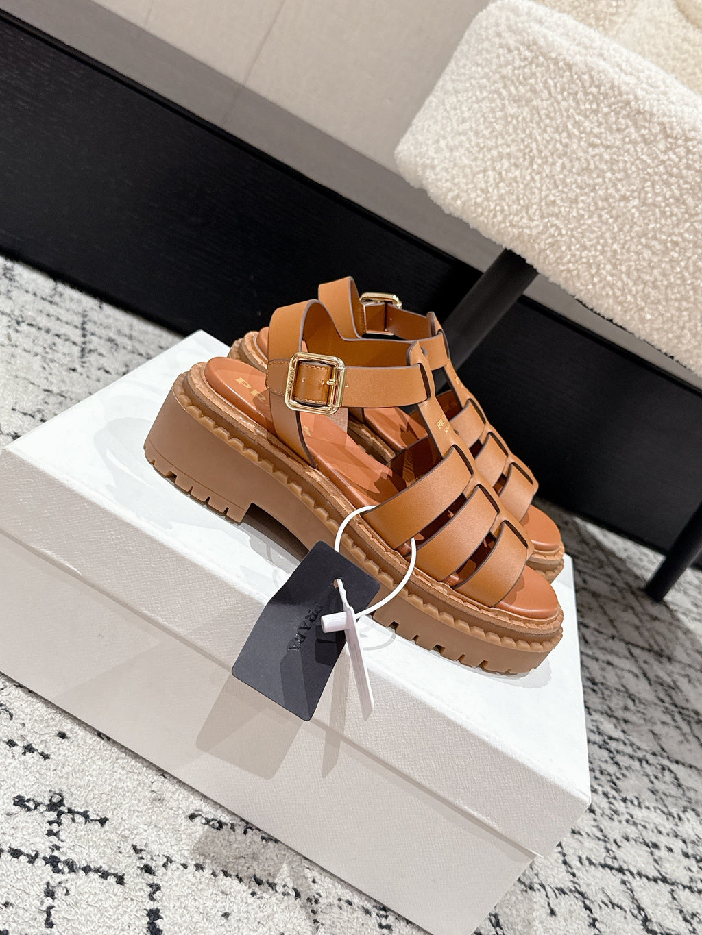 PRADA 25S FISHERMAN OPEN TOE SANDALS IN BURNT ORANGE CALFSKIN