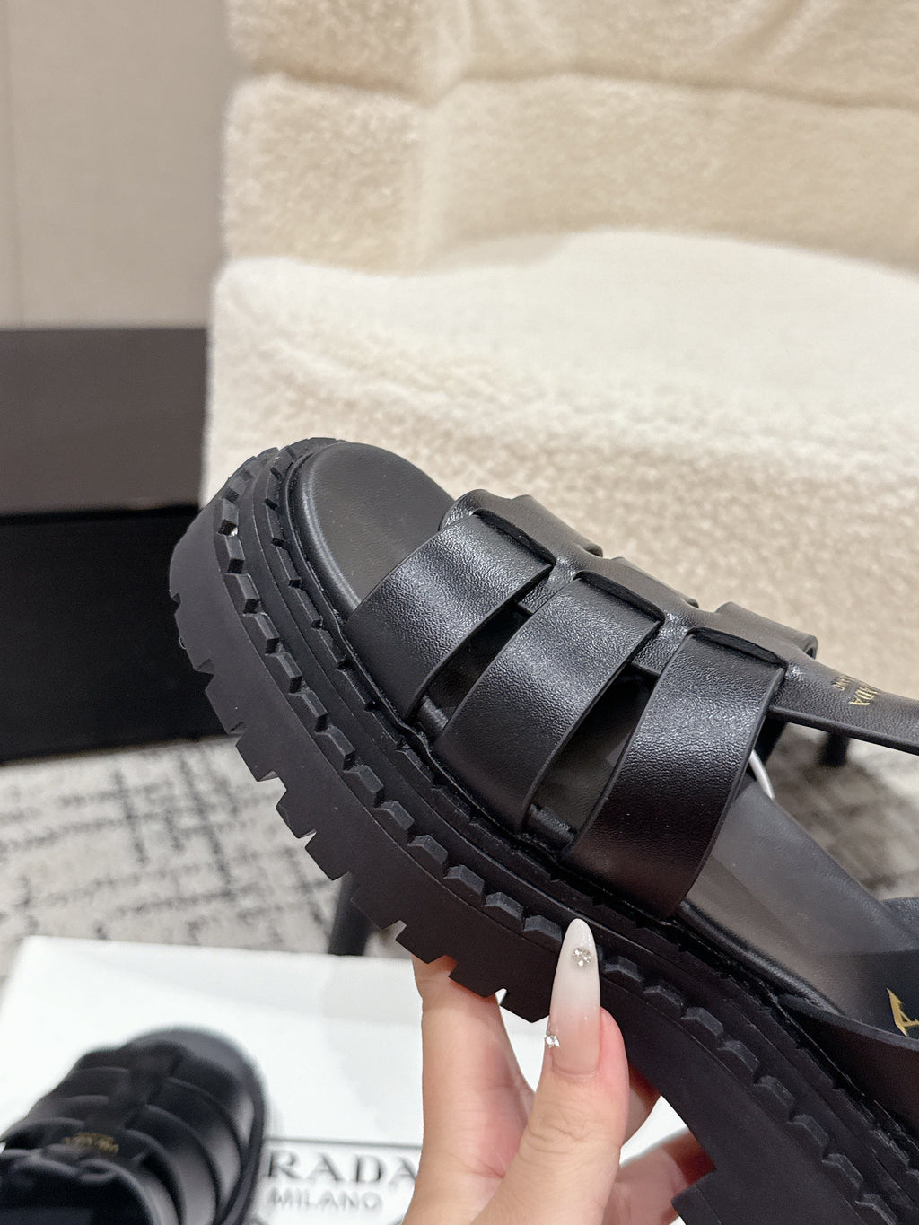 PRADA 25S FISHERMAN OPEN TOE SANDALS IN BLACK CALFSKIN