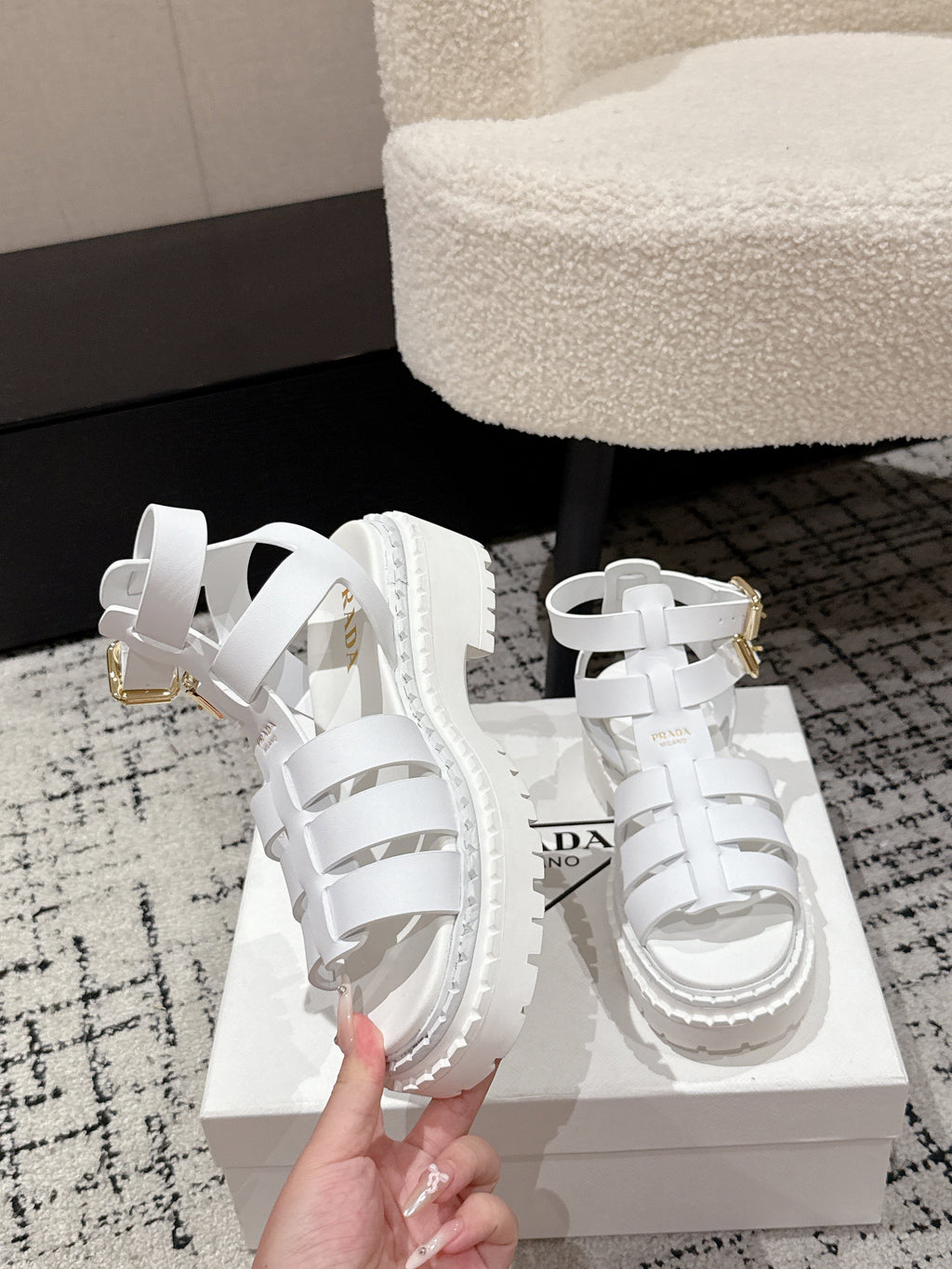 PRADA 25S HIGH TOP OPEN TOE FISHERMAN SANDALS IN WHITE CALFSKIN