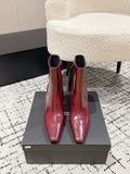YSL 25S HEELED ANKLE BOOTS 70 MM IN WINE RED SHINY LAMBSKIN
