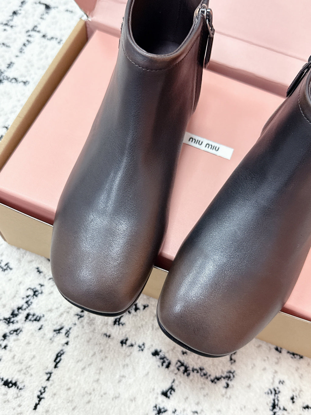 MIUMIU 26S BOOTIES IN DARK BROWN  FUME CALFSKIN
