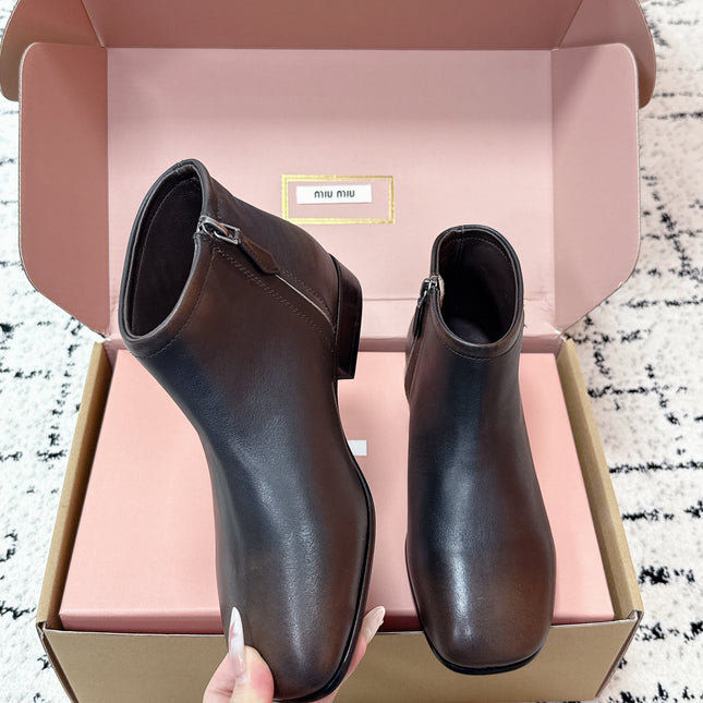MIUMIU 26S BOOTIES IN DARK BROWN  FUME CALFSKIN