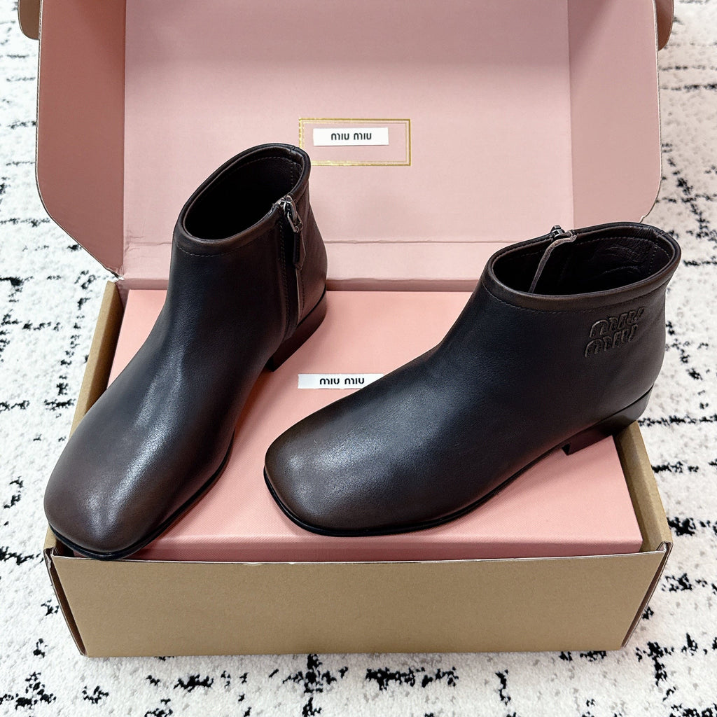 MIUMIU 26S BOOTIES IN DARK BROWN  FUME CALFSKIN