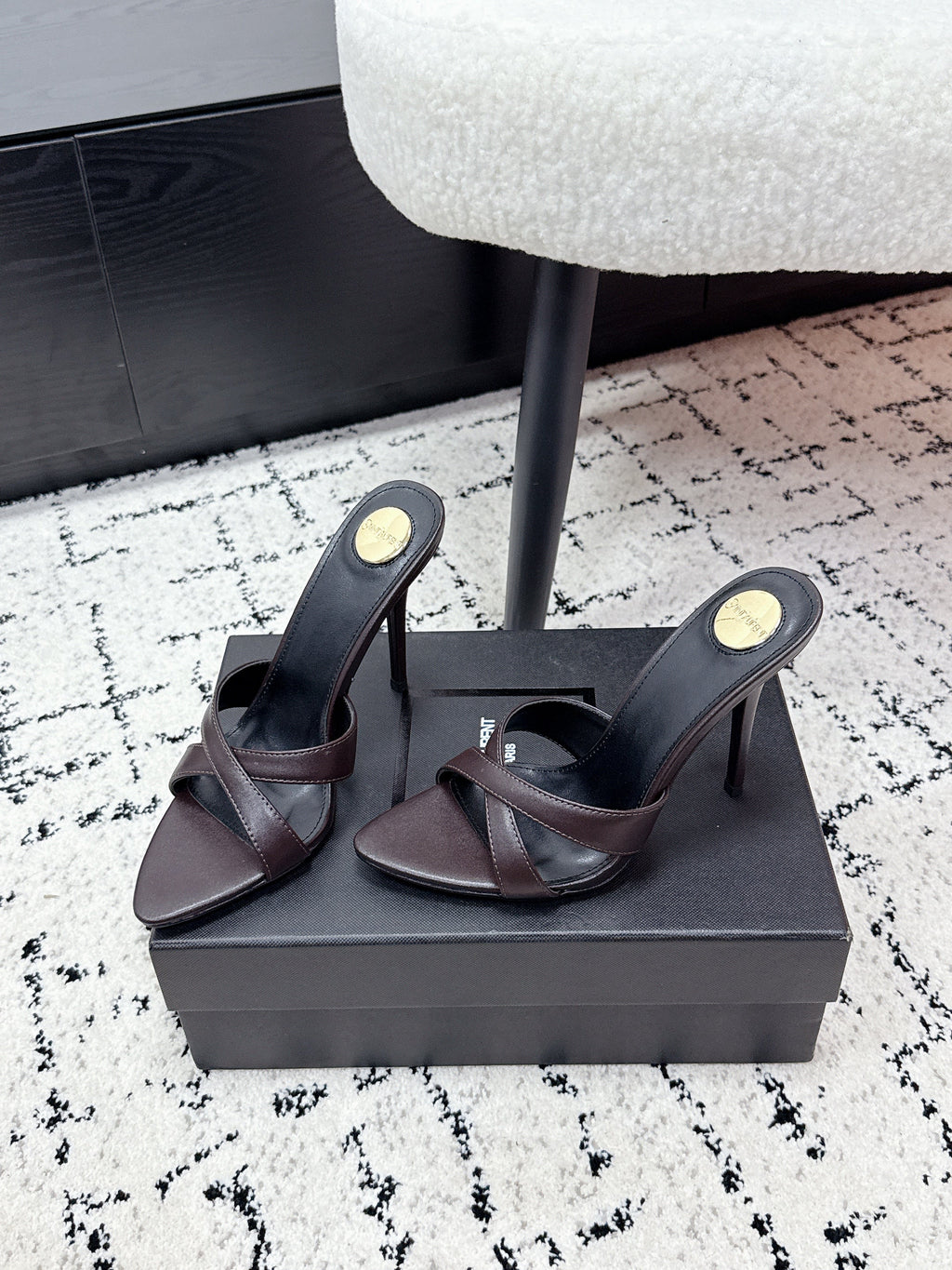 YSL 26S HEELED SANDALS 95 MM IN WINE BROWN CALFSKIN WITH CROSS STRAP