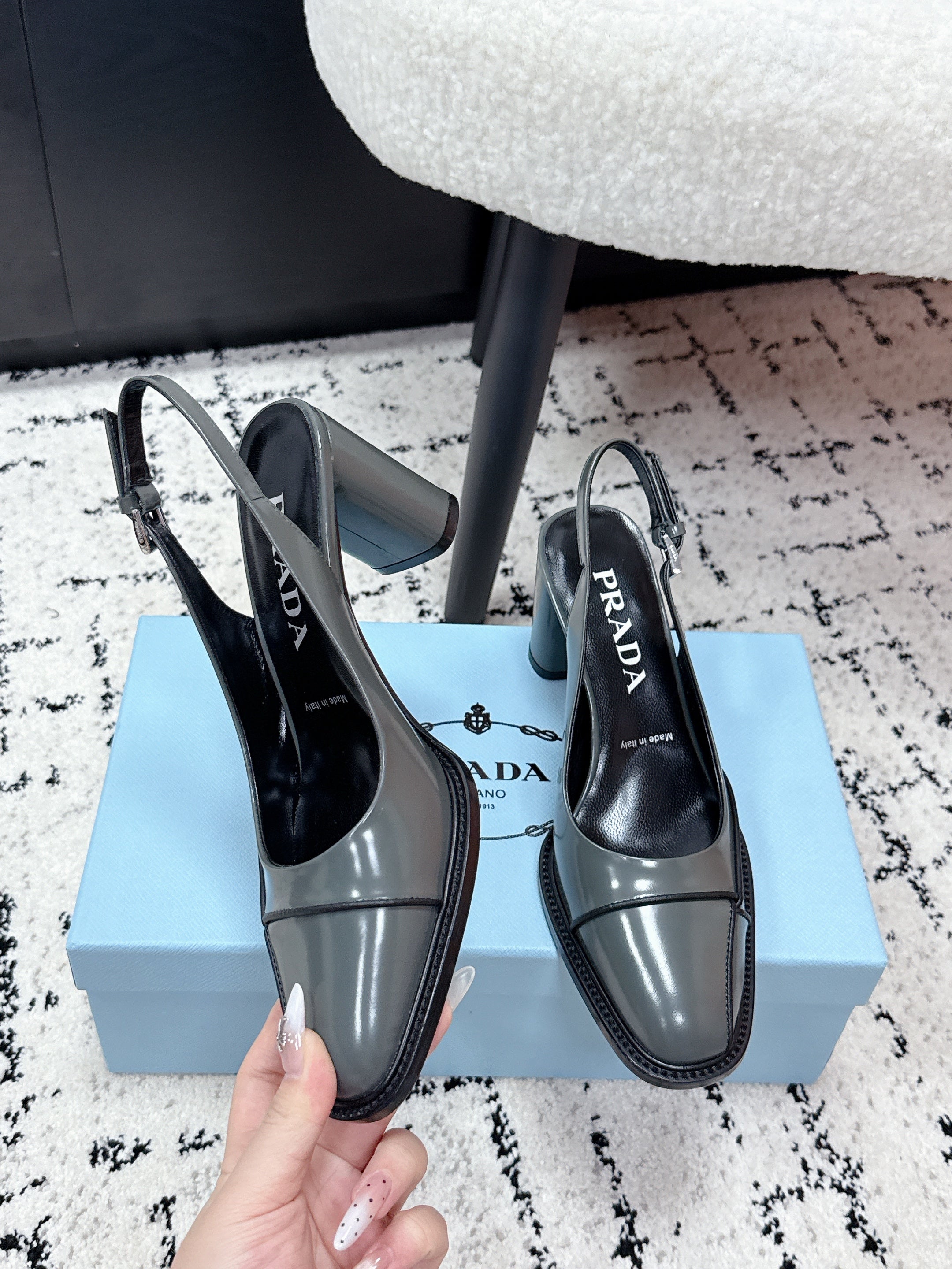 PRADA 26S SLINGBACK PUMPS 70MM IN STEEL GRAY PATENT CALFSKIN