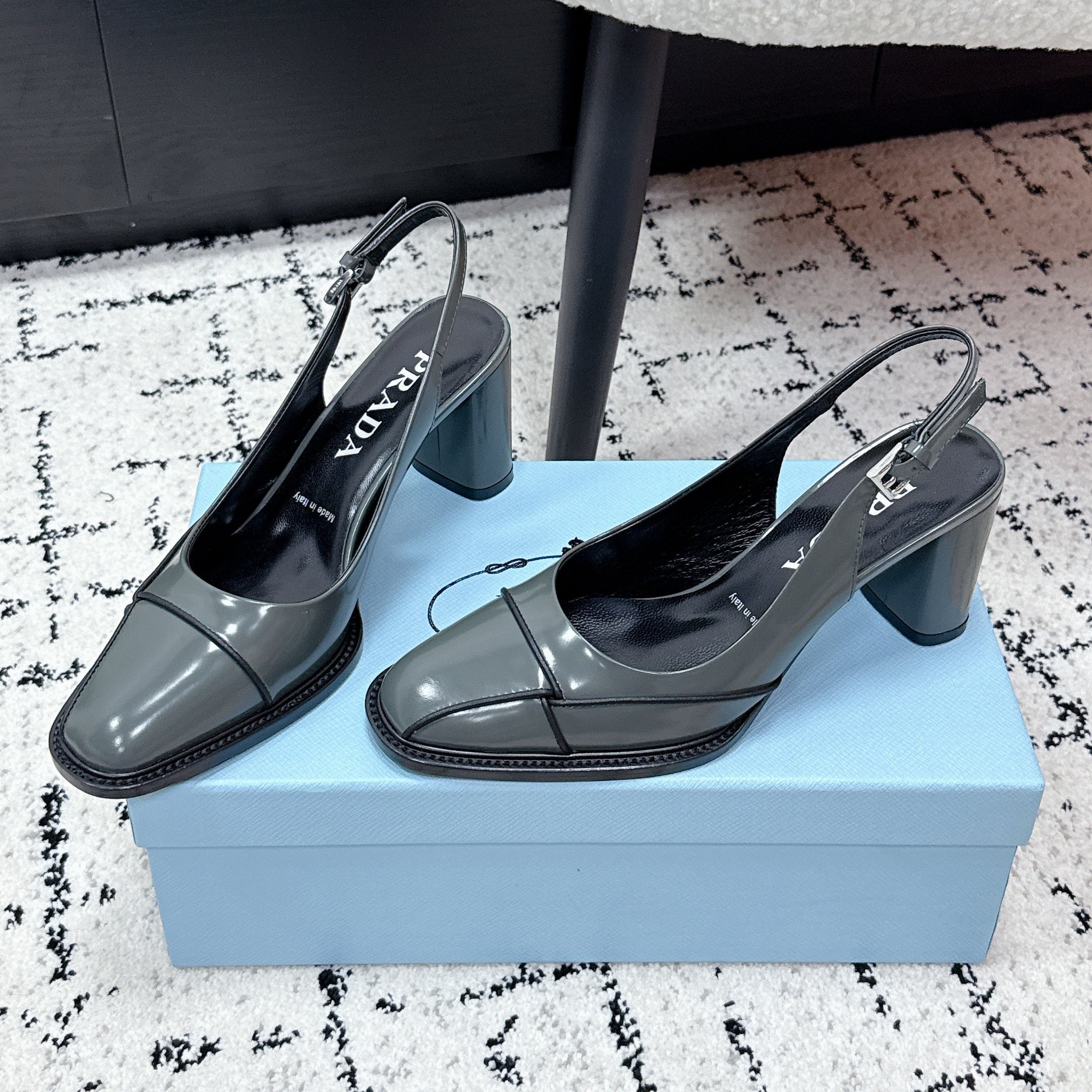 PRADA 26S SLINGBACK PUMPS 70MM IN STEEL GRAY PATENT CALFSKIN