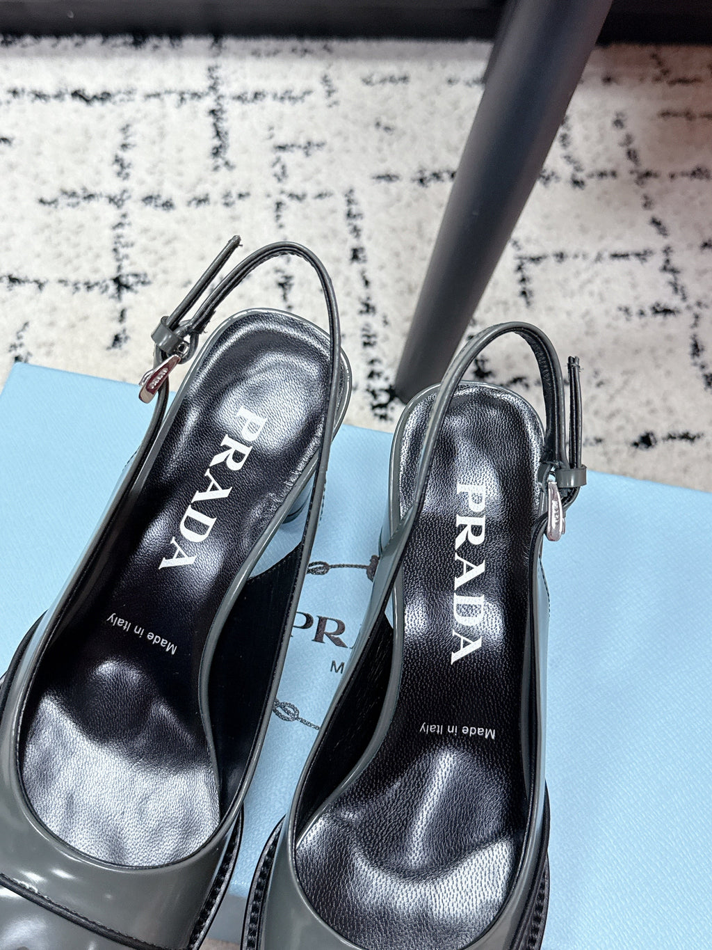 PRADA 26S SLINGBACK PUMPS 70MM IN STEEL GRAY PATENT CALFSKIN