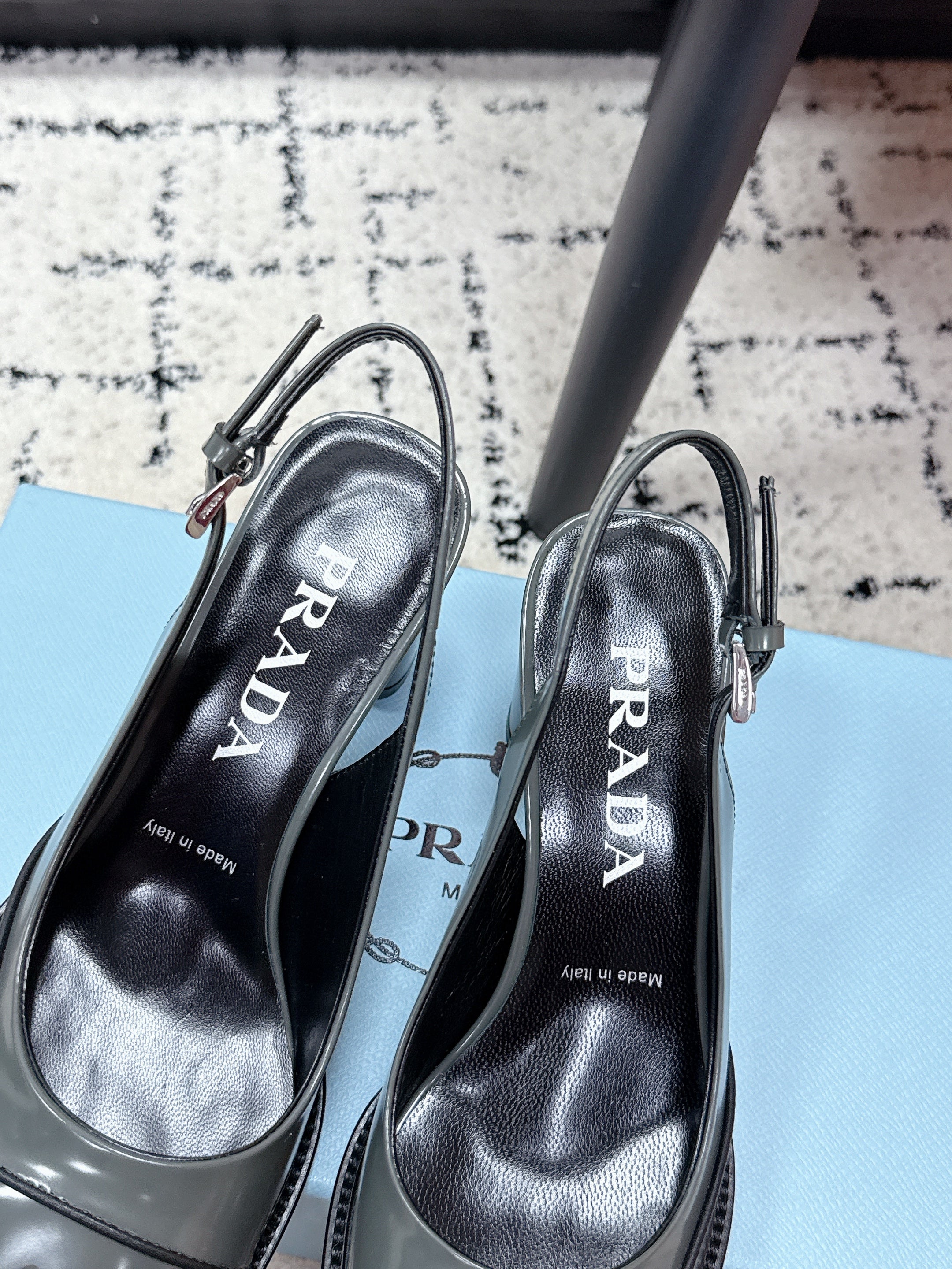 PRADA 26S SLINGBACK PUMPS 70MM IN STEEL GRAY PATENT CALFSKIN