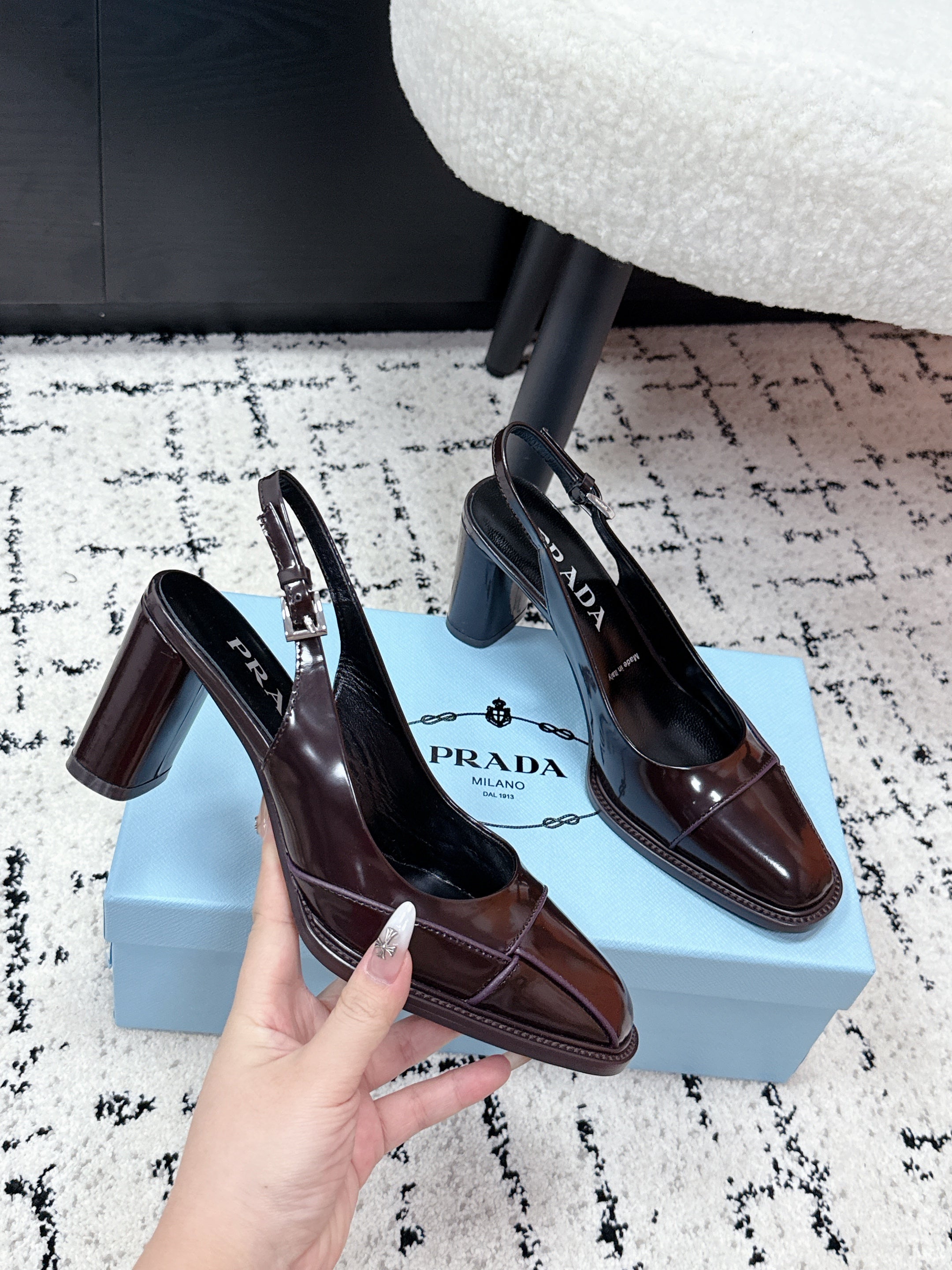 PRADA 26S SLINGBACK PUMPS 70MM IN DARK BROWN PATENT CALFSKIN