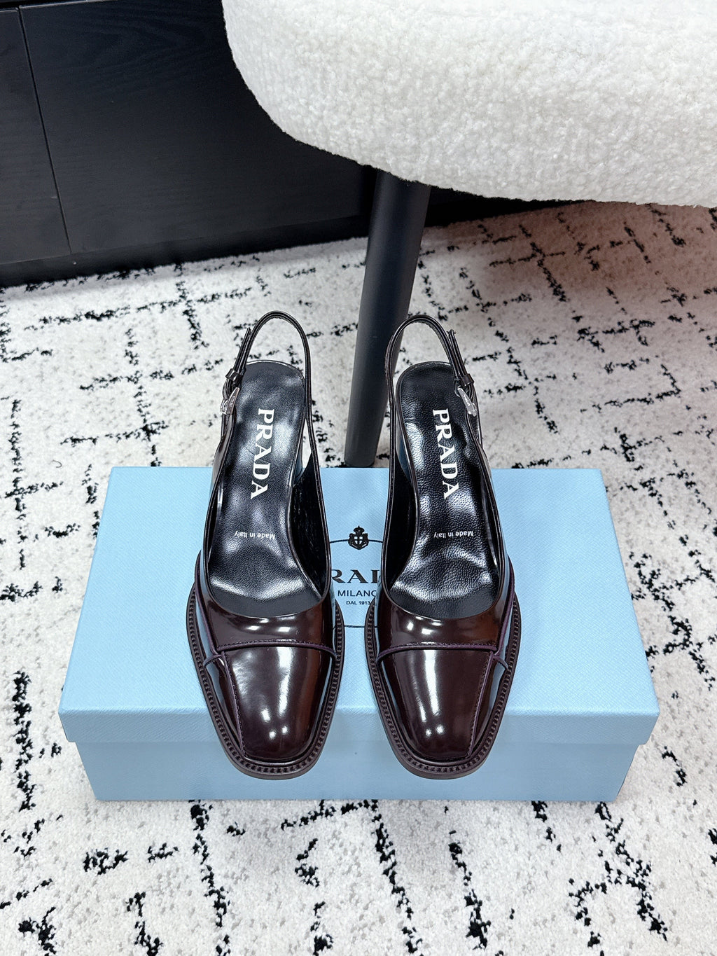 PRADA 26S SLINGBACK PUMPS 70MM IN DARK BROWN PATENT CALFSKIN