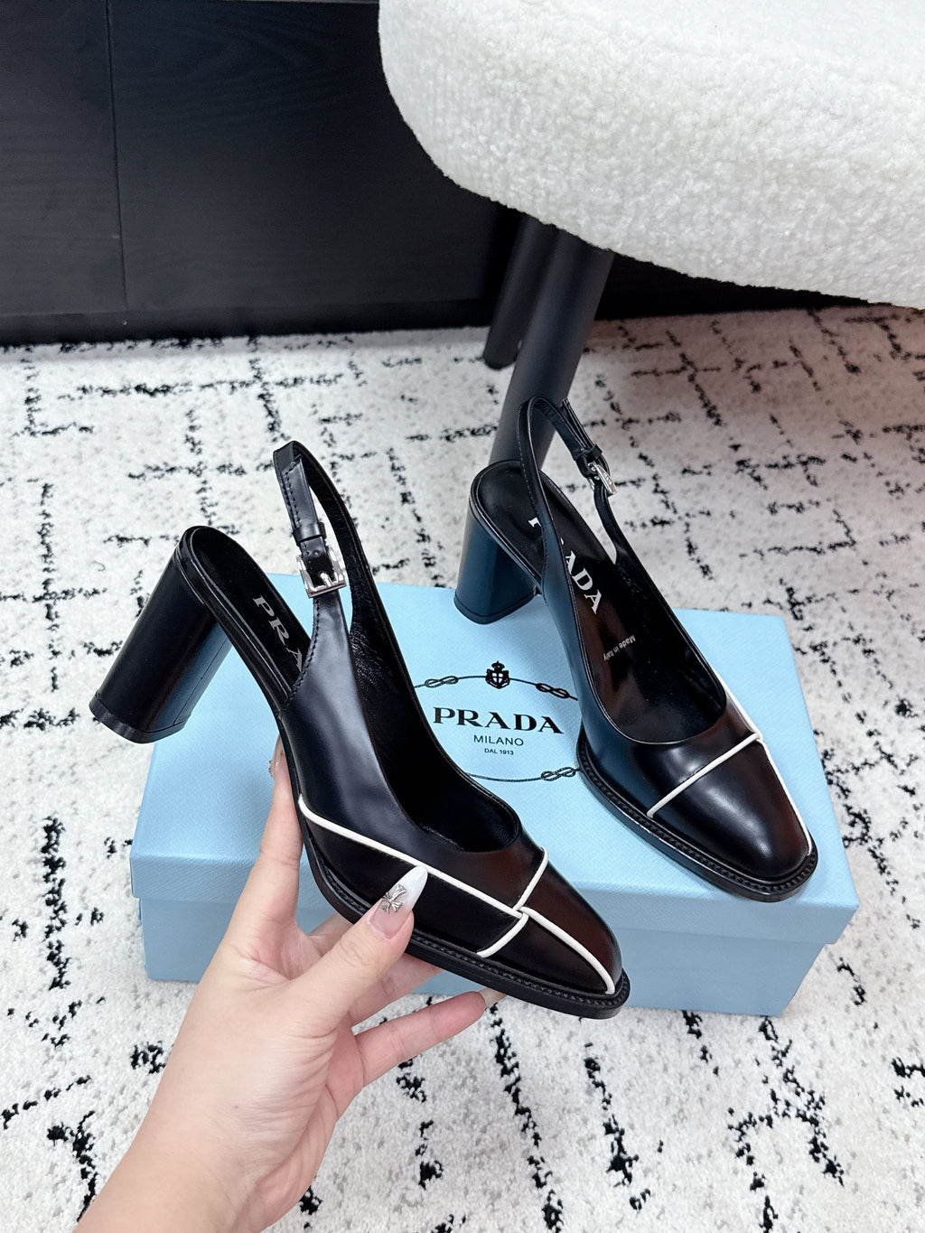 PRADA 26S SLINGBACK PUMPS 70MM IN BLACK SHINY CALFSKIN
