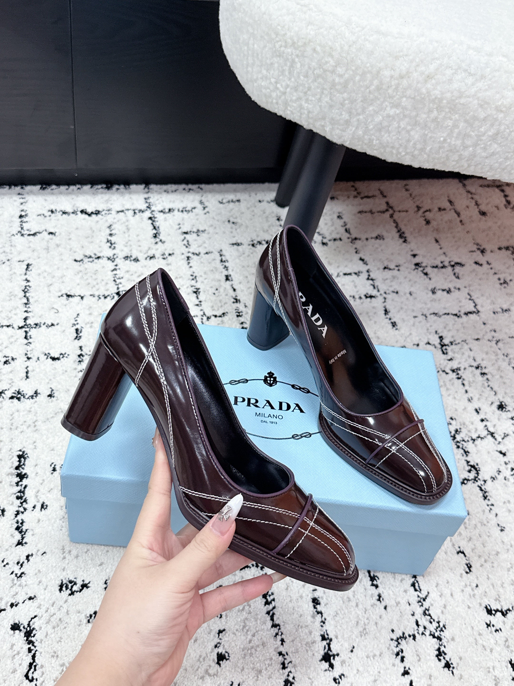 PRADA 26S BOWLING-STYLE HIGH HEELS 70MM IN DARK BROWN GLOSSY CALFSKIN