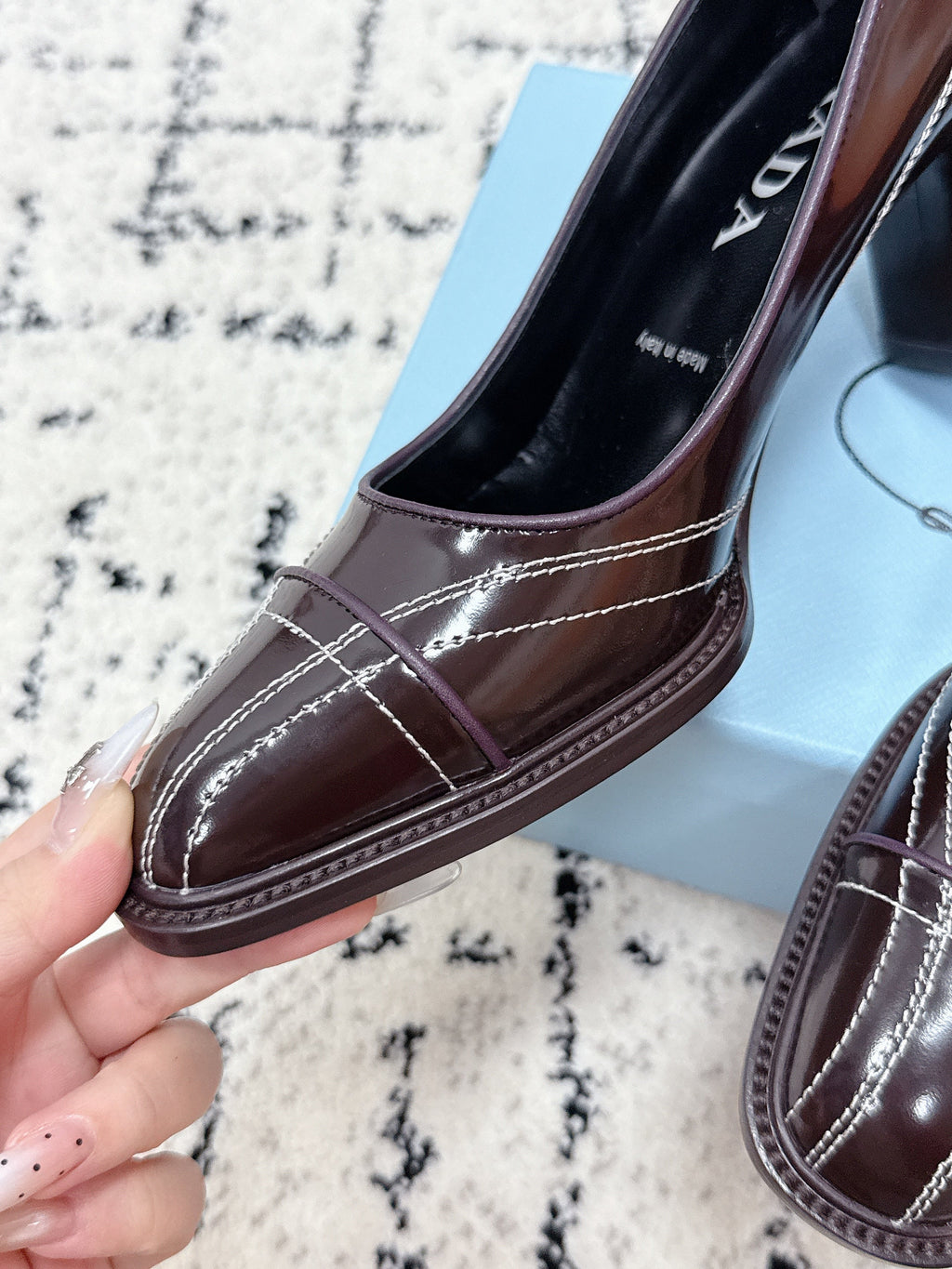 PRADA 26S BOWLING-STYLE HIGH HEELS 70MM IN DARK BROWN GLOSSY CALFSKIN