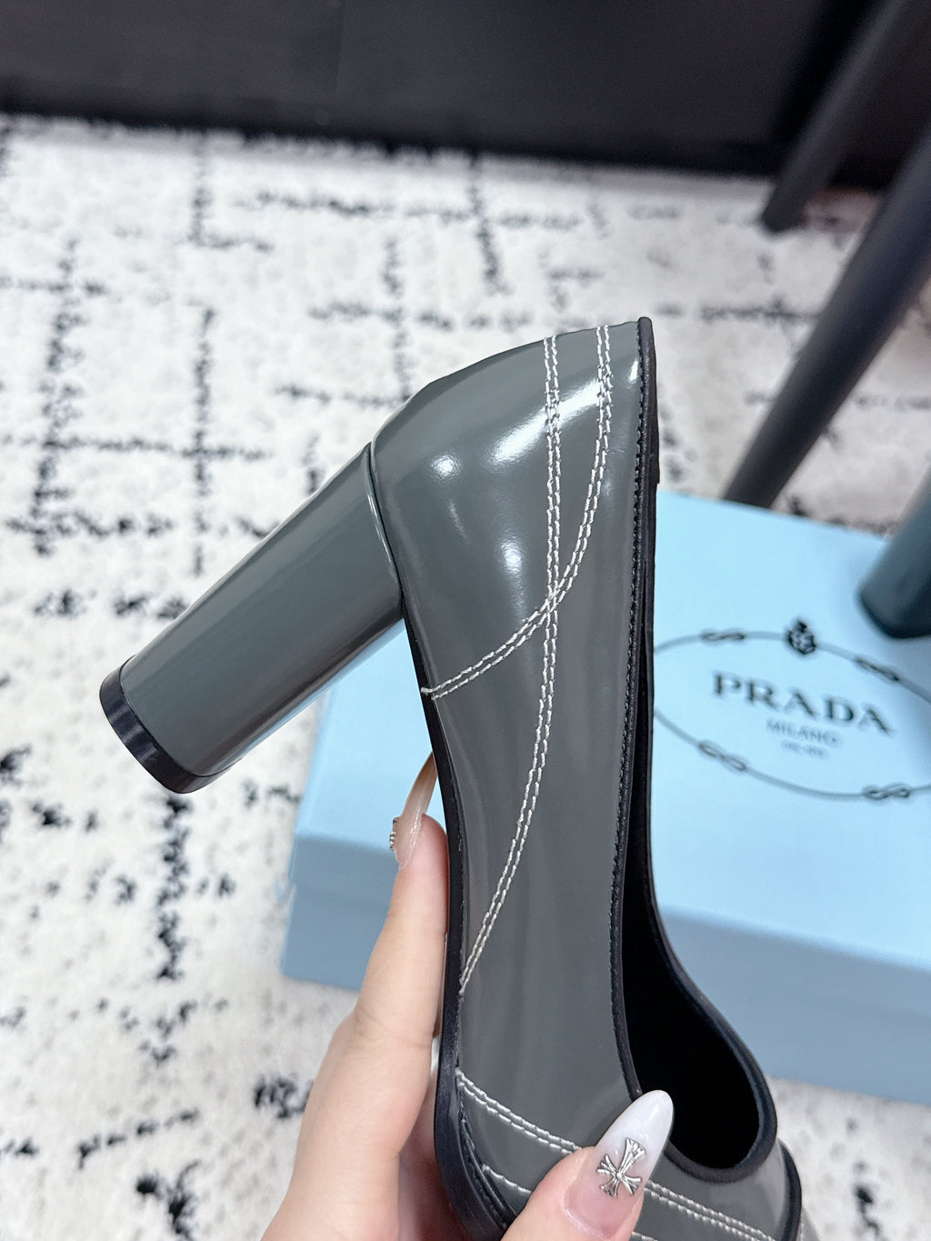 PRADA 26S BOWLING-STYLE HIGH HEELS 70MM IN STEEL GRAY GLOSSY CALFSKIN