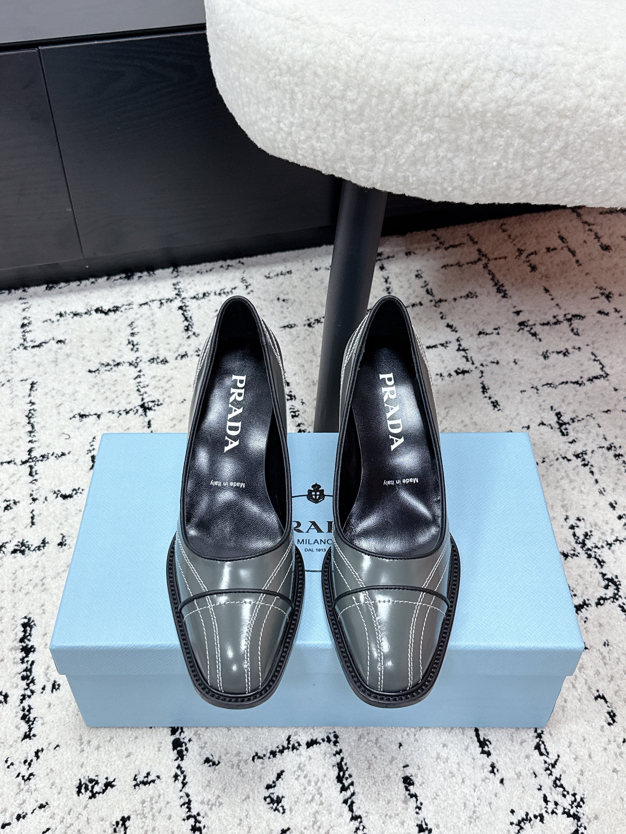 PRADA 26S BOWLING-STYLE HIGH HEELS 70MM IN STEEL GRAY GLOSSY CALFSKIN