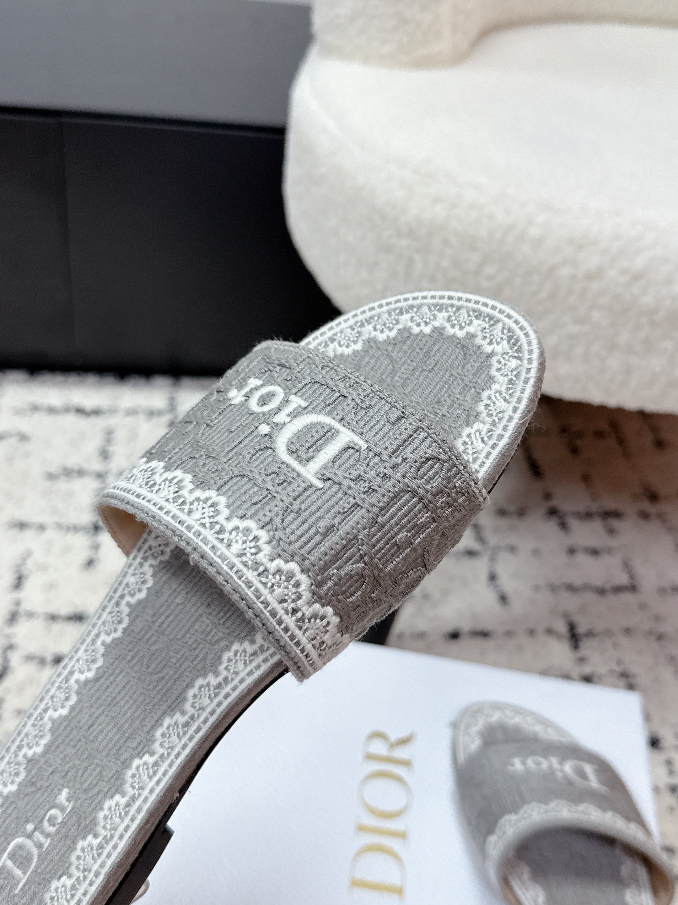DIOR 26S SLIDES IN GREY EMBOSSED OBLIQUE LACE EMBROIDERY