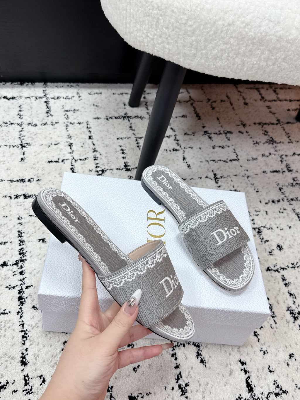DIOR 26S SLIDES IN GREY EMBOSSED OBLIQUE LACE EMBROIDERY