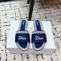 DIOR 26S SLIDES IN NAVY BLUE EMBOSSED OBLIQUE LACE EMBROIDERY