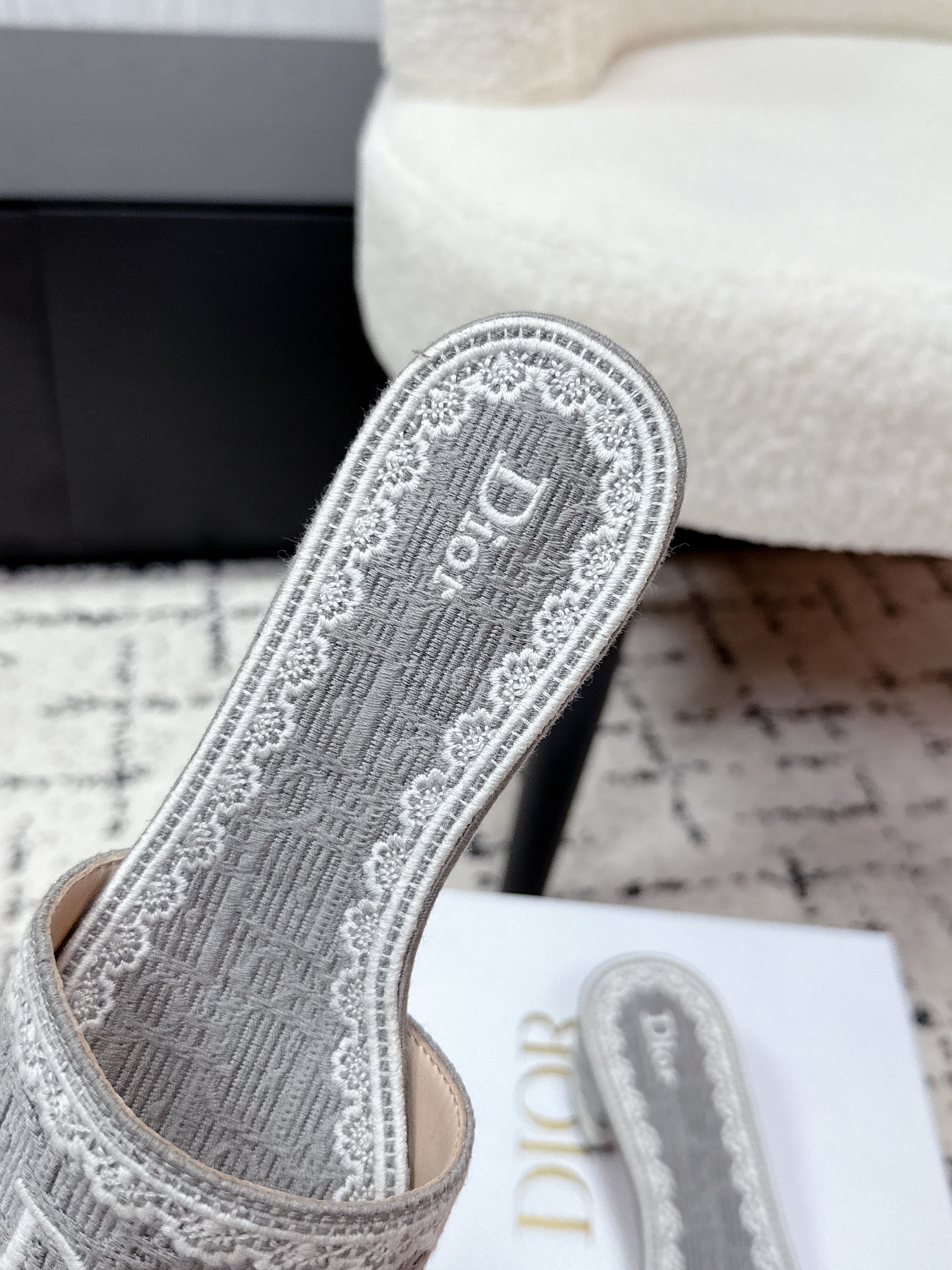 DIOR 26S HIGH HEEL SLIDES IN GREY EMBOSSED OBLIQUE LACE EMBROIDERY