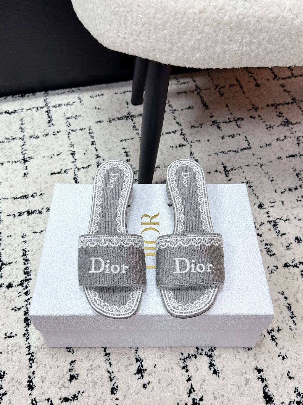 DIOR 26S HIGH HEEL SLIDES IN GREY EMBOSSED OBLIQUE LACE EMBROIDERY