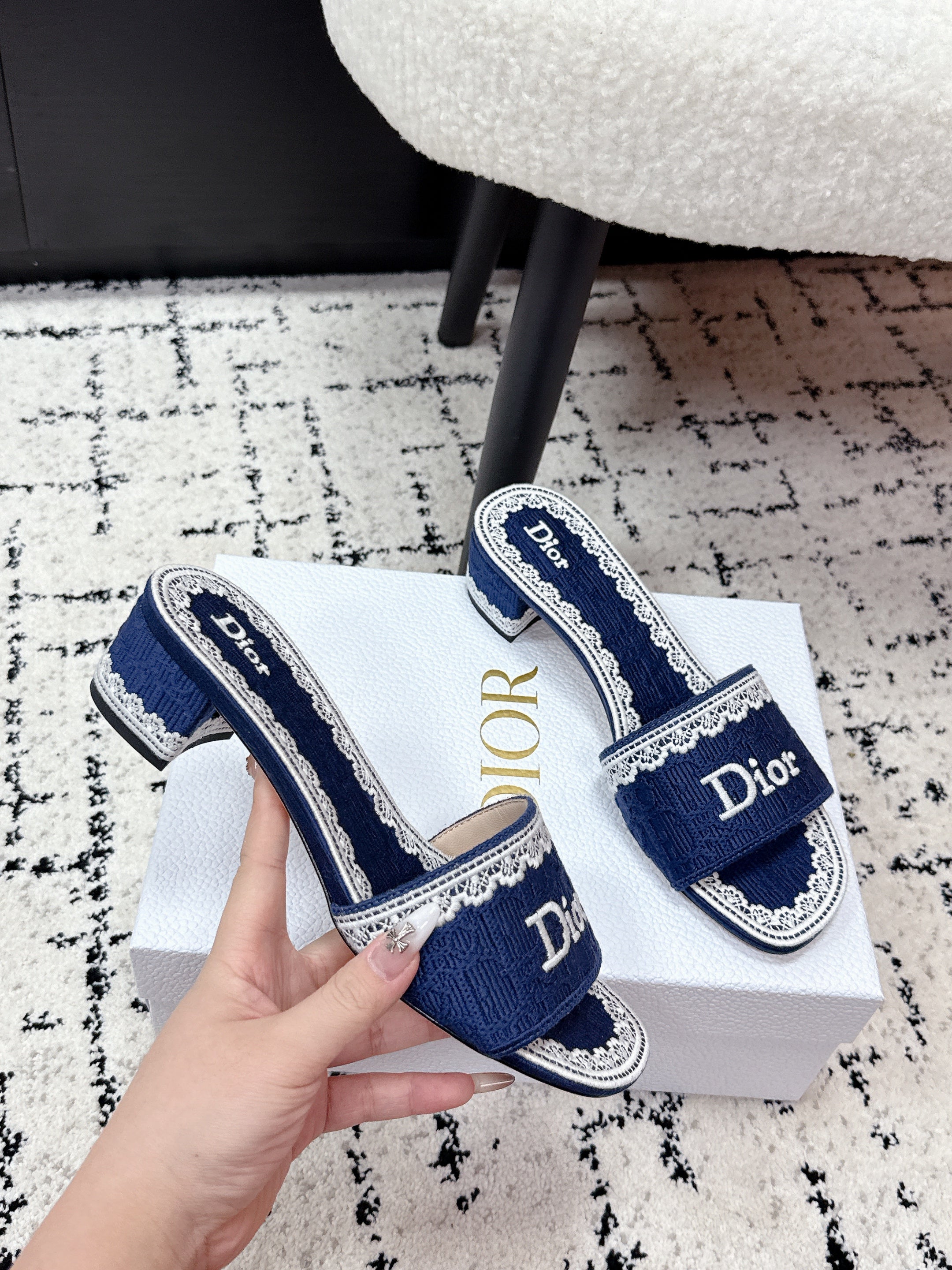 DIOR 26S HIGH HEEL SLIDES IN NAVY BLUE EMBOSSED OBLIQUE LACE EMBROIDERY
