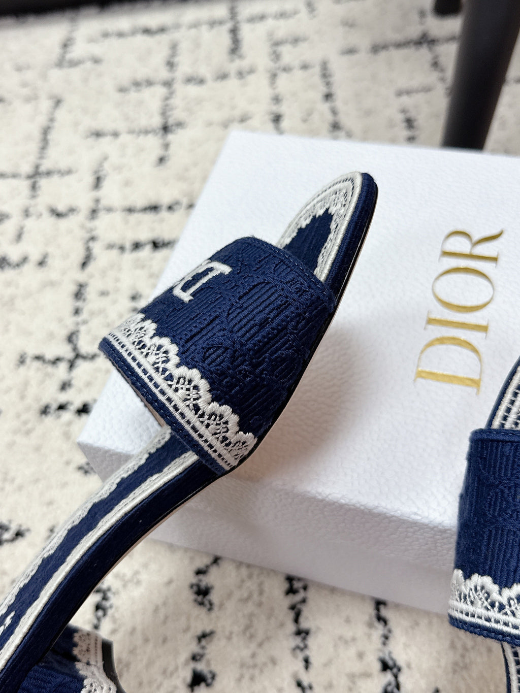 DIOR 26S HIGH HEEL SLIDES IN NAVY BLUE EMBOSSED OBLIQUE LACE EMBROIDERY