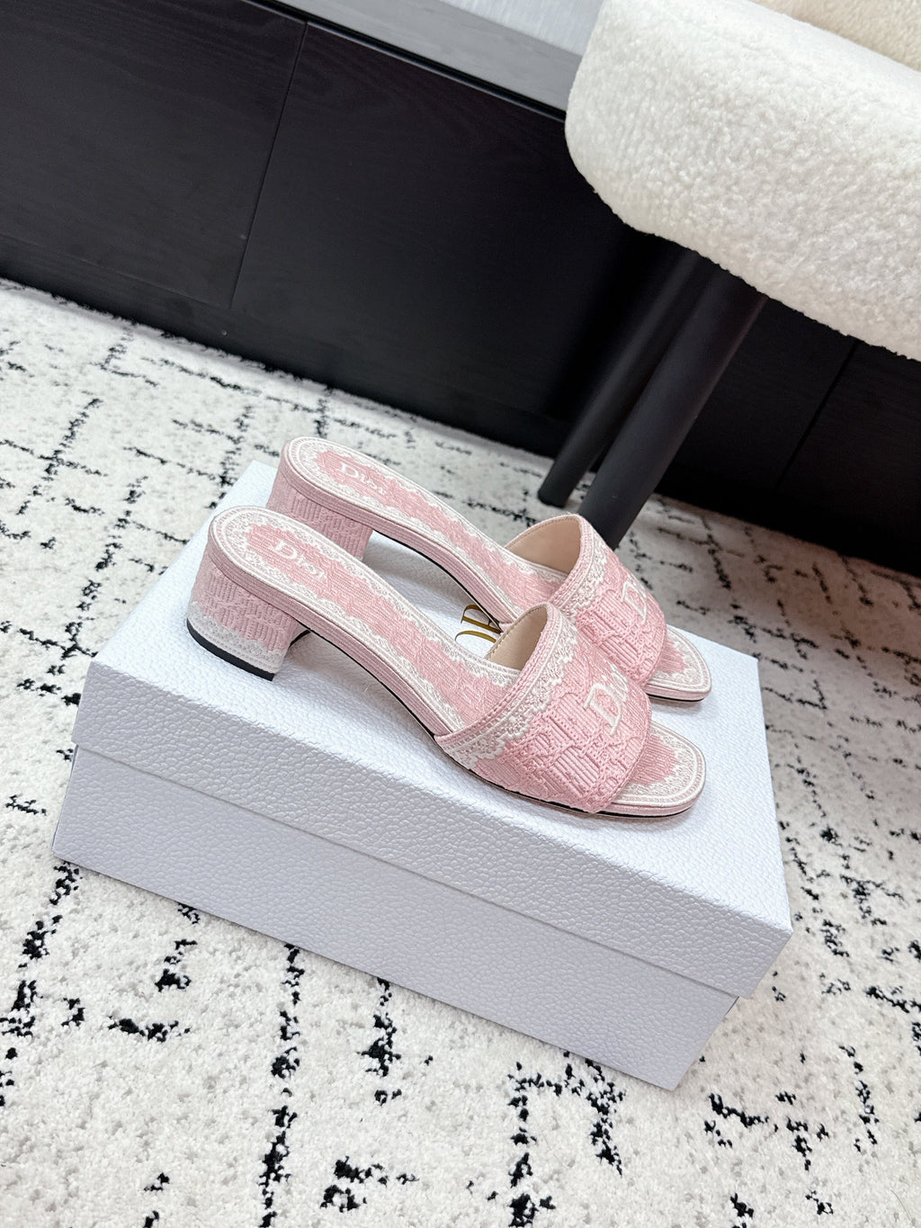 DIOR 26S HIGH HEEL SLIDES IN LIGHT PINK EMBOSSED OBLIQUE LACE EMBROIDERY