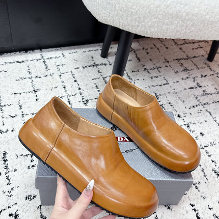 PRADA 26S SLIP ON SHOES IN WARM BROWN SMOOTH CALFSKIN