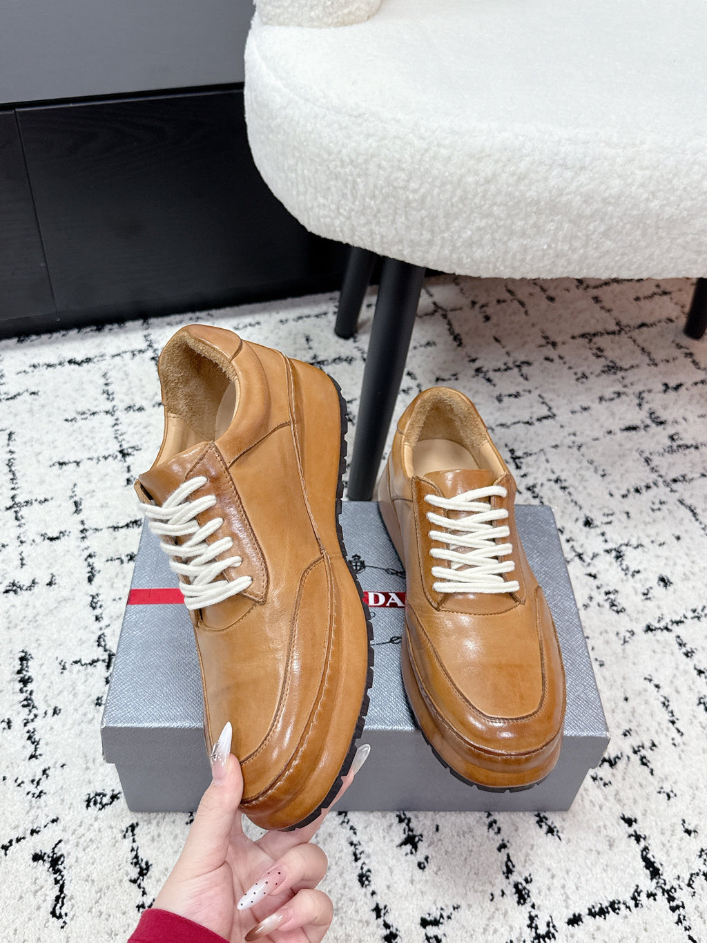 PRADA 26S SNEAKERS IN GOLDEN BROWN SHINY CALFSKIN