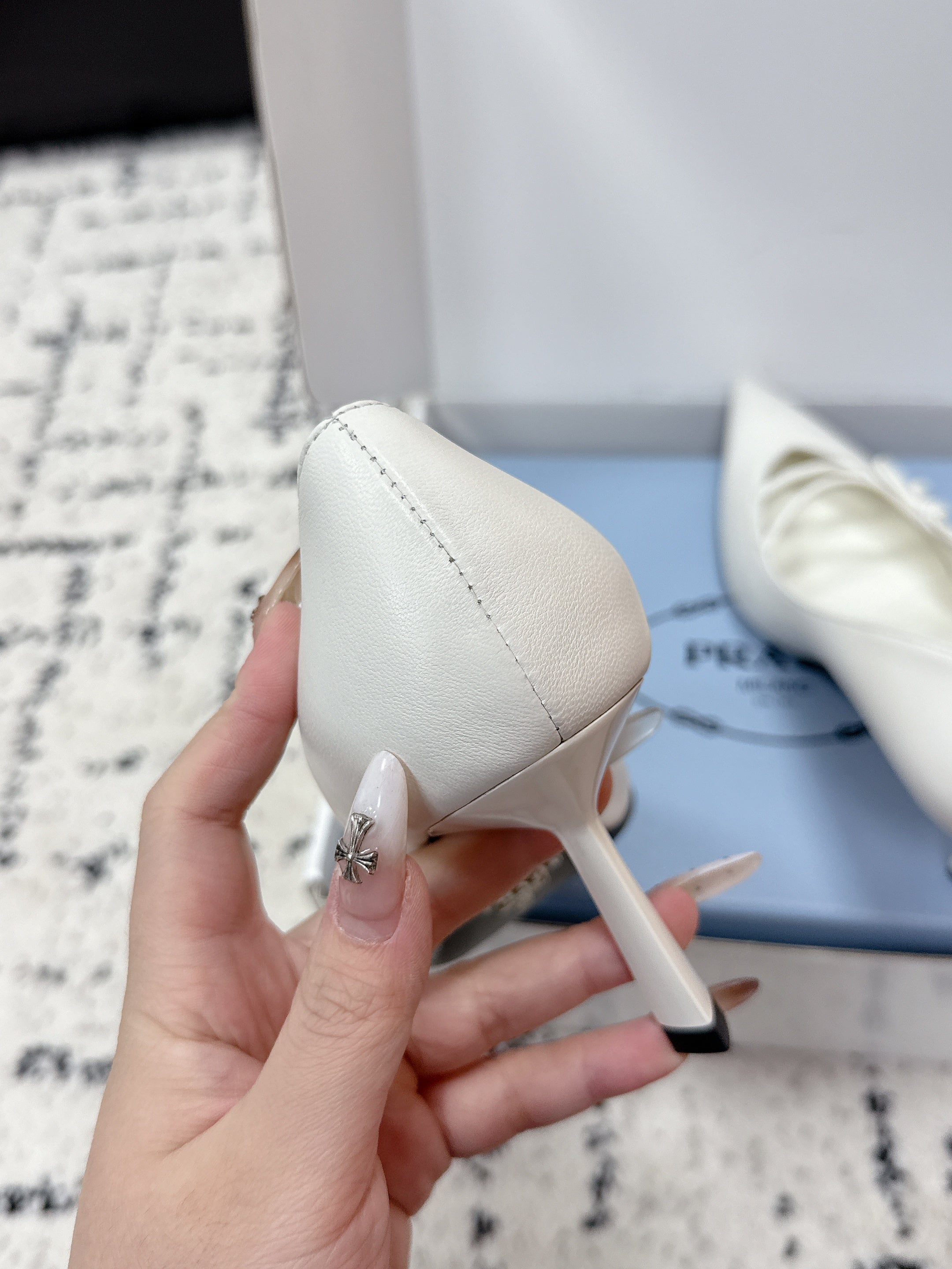 PRADA 26S POINTED-TOE HIGH HEELS 75MM IN CREAM WHITE CALFSKIN