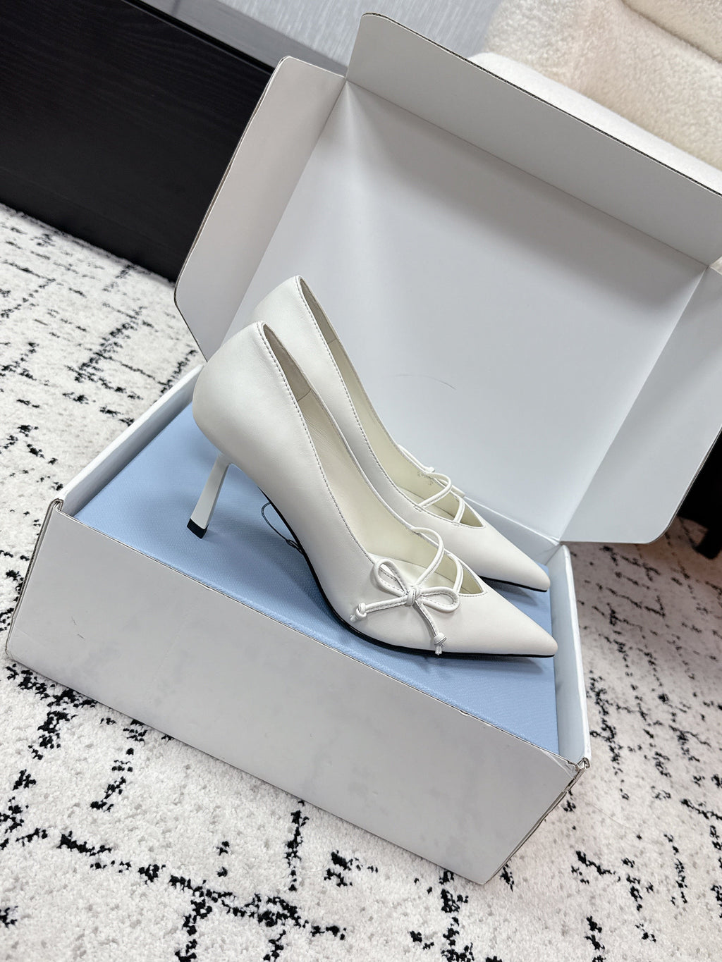 PRADA 26S POINTED-TOE HIGH HEELS 75MM IN CREAM WHITE CALFSKIN