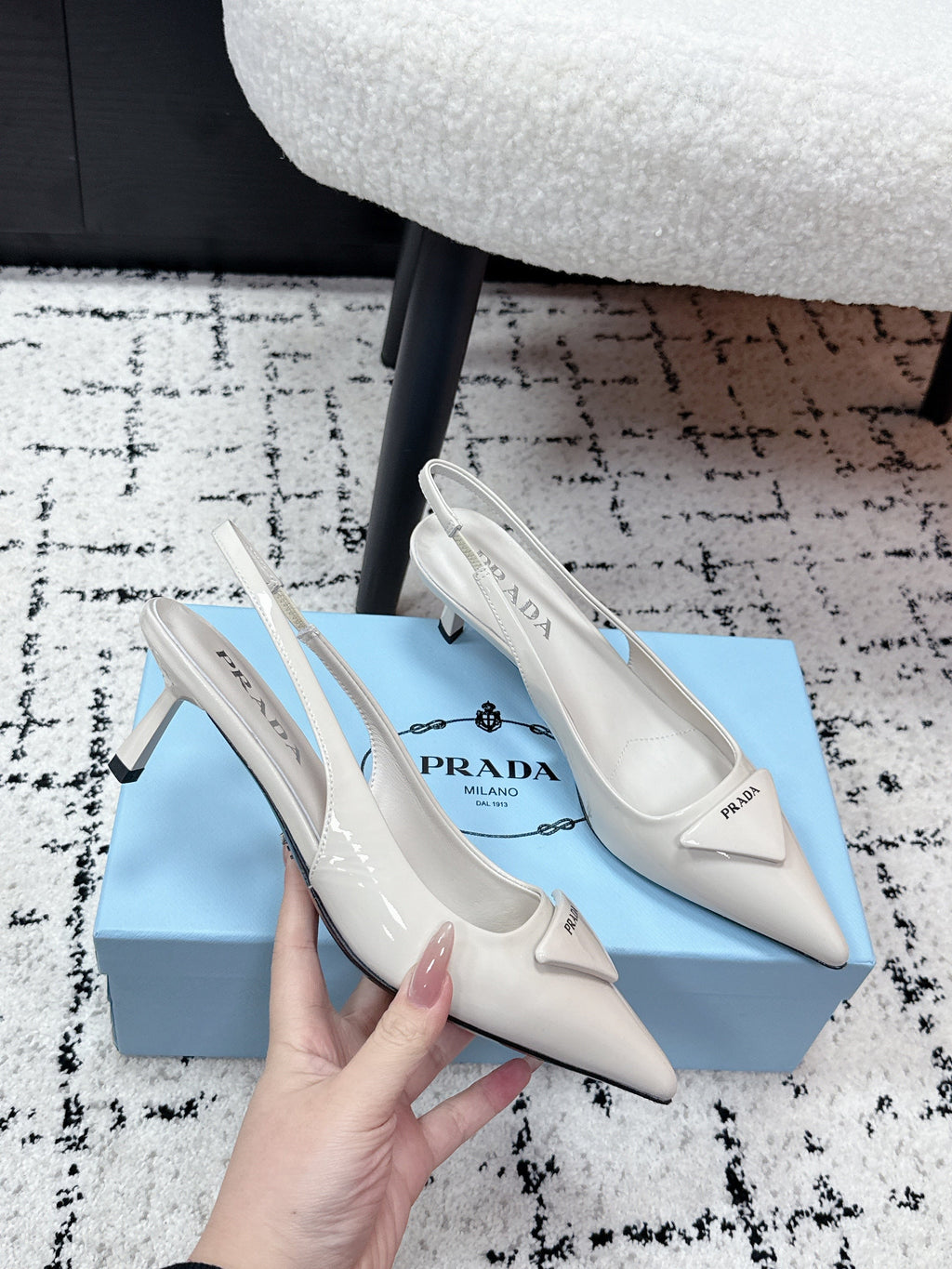 PRADA 26S SLINGBACK PUMPS 60MM IN CREAM WHITE PATENT CALFSKIN