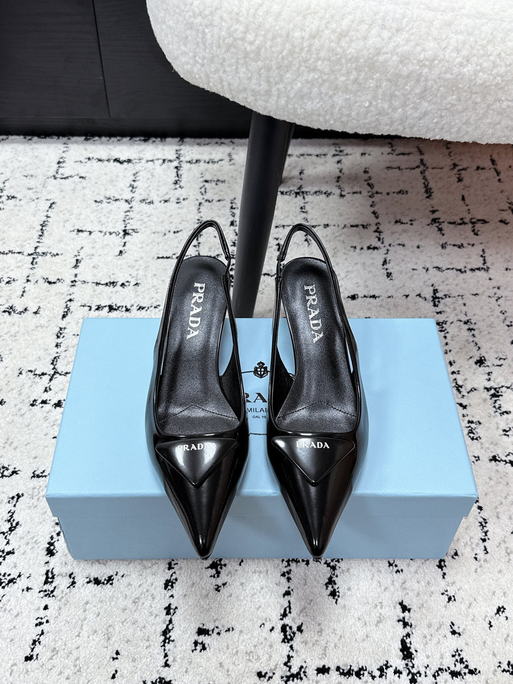 PRADA 26S SLINGBACK PUMPS 60MM IN BLACK PATENT CALFSKIN