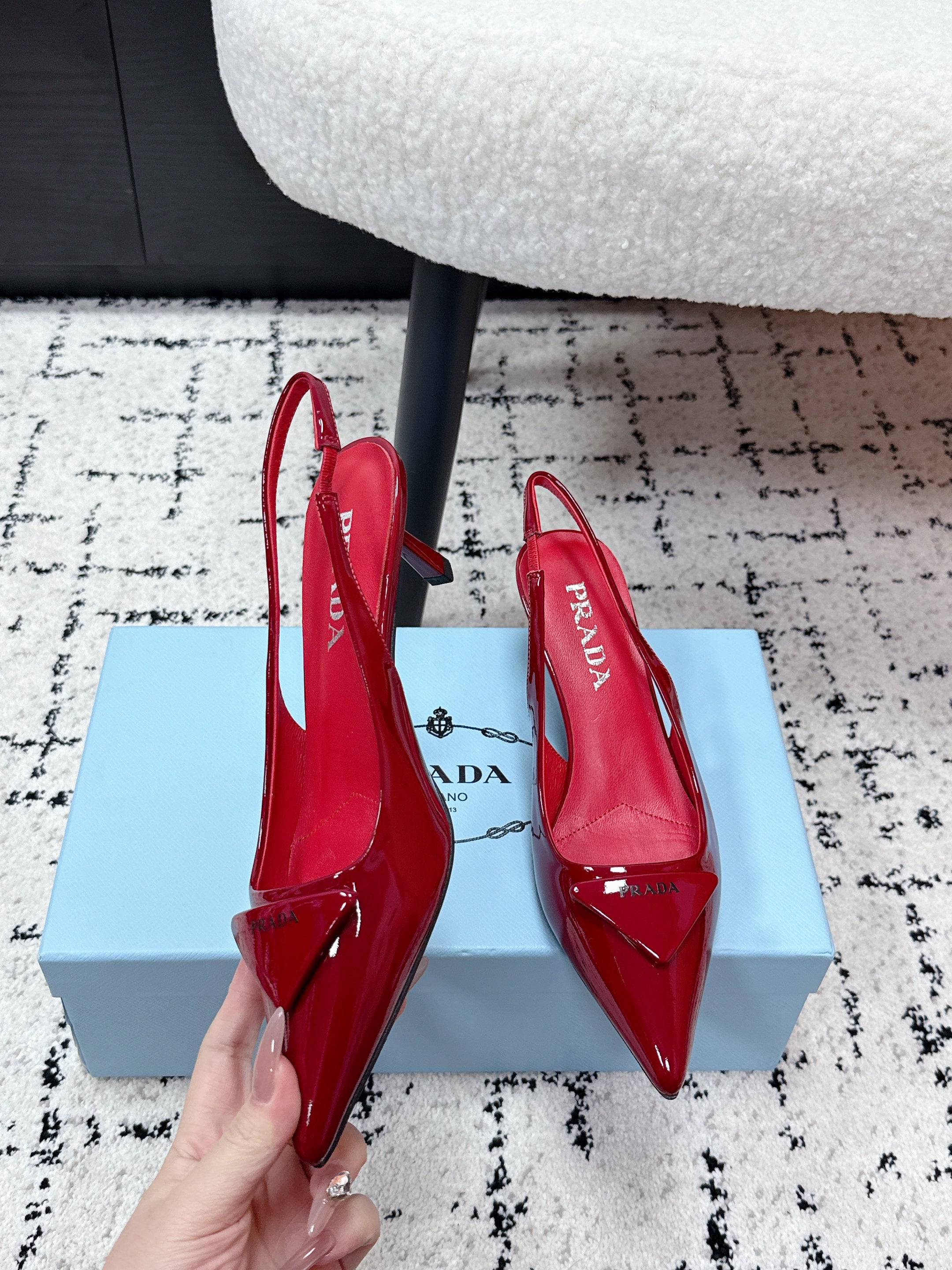 PRADA 26S SLINGBACK PUMPS 60MM IN DARK RED PATENT CALFSKIN