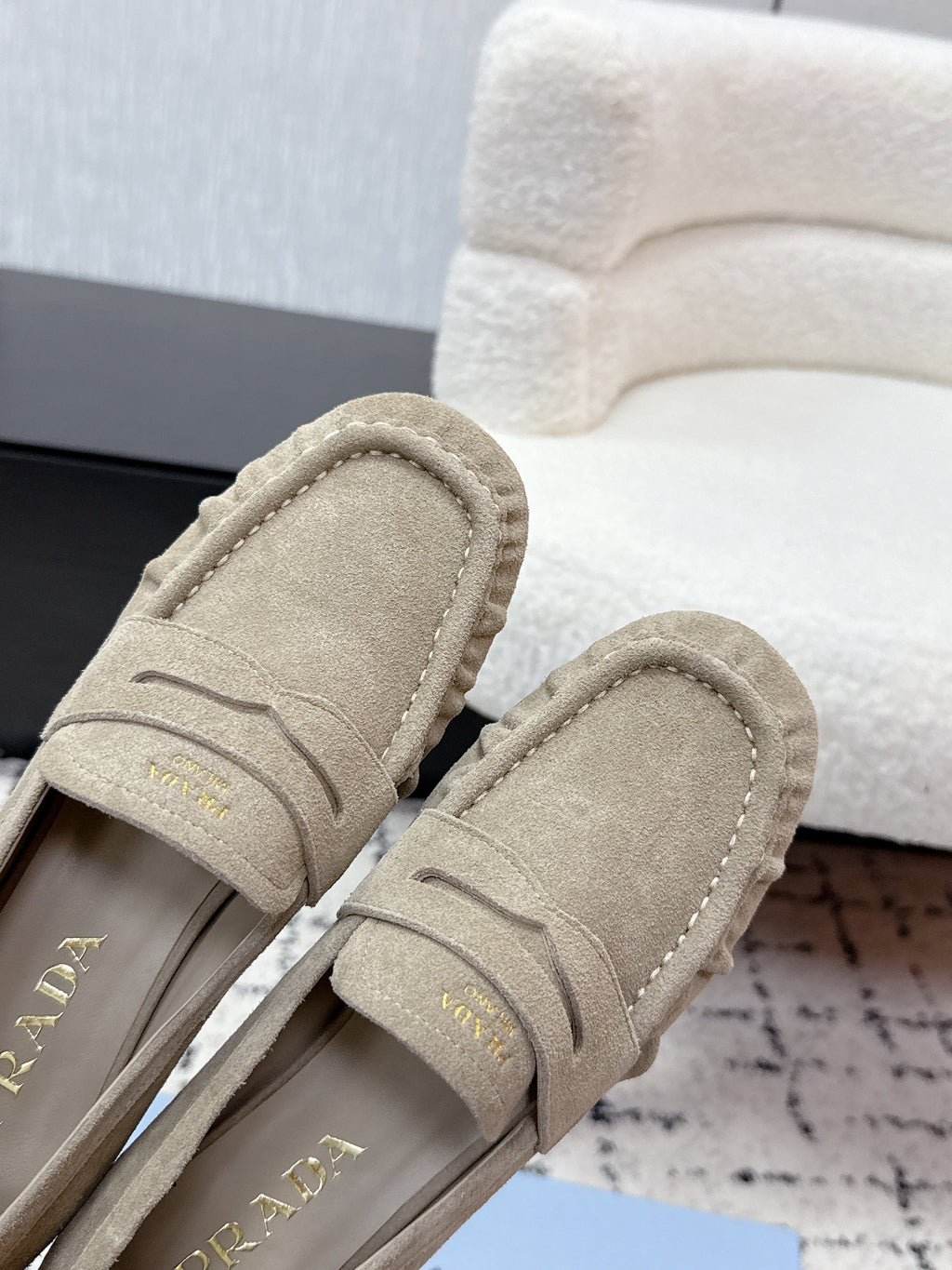 PRADA 26S LOAFERS 25MM IN BEIGE SUEDE