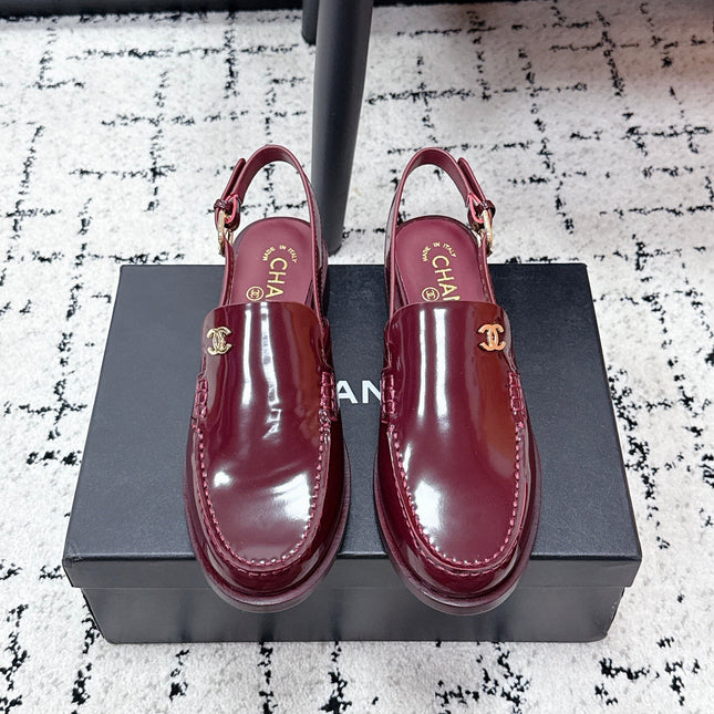 CHANEL 26S SLINGBACK LOAFERS IN BURGUNDY RED PATENT CALFSKIN WITH CC LOGO