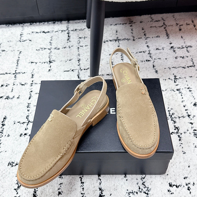 CHANEL 26S SLINGBACK LOAFERS IN LIGHT BROWN SUEDE WITH CC LOGO