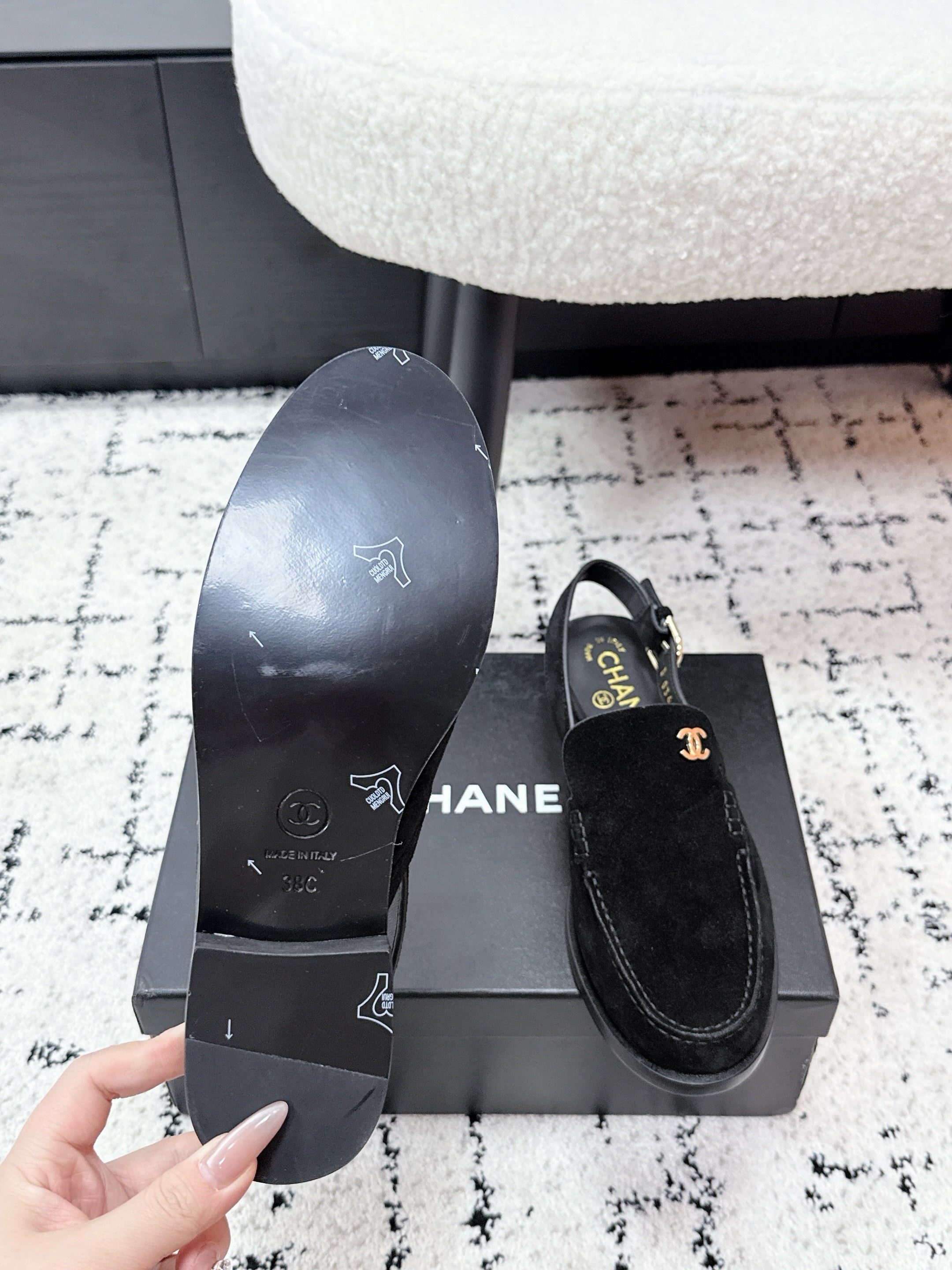CHANEL 26S SLINGBACK LOAFERS IN BLACK SUEDE WITH CC LOGO