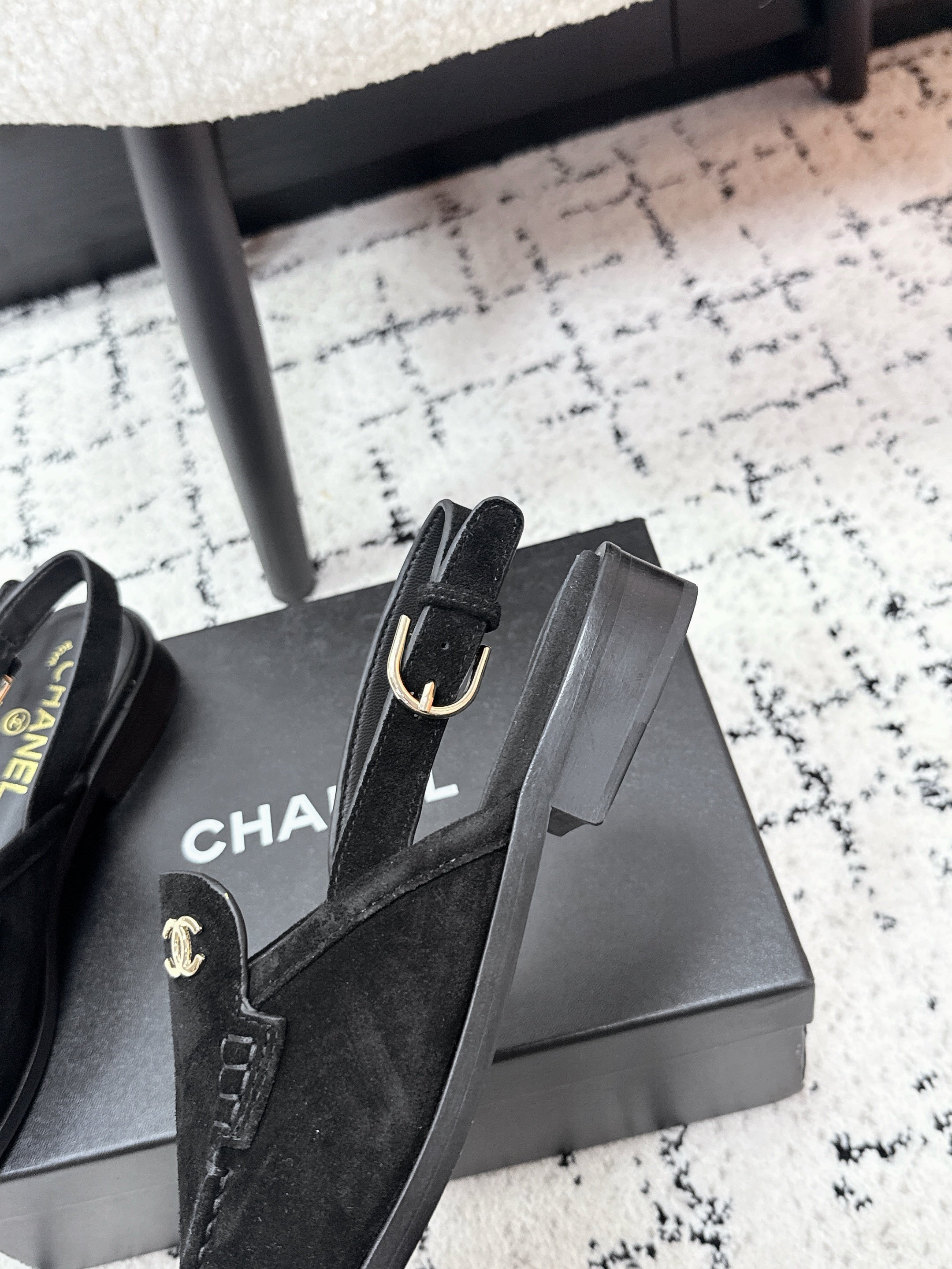 CHANEL 26S SLINGBACK LOAFERS IN BLACK SUEDE WITH CC LOGO