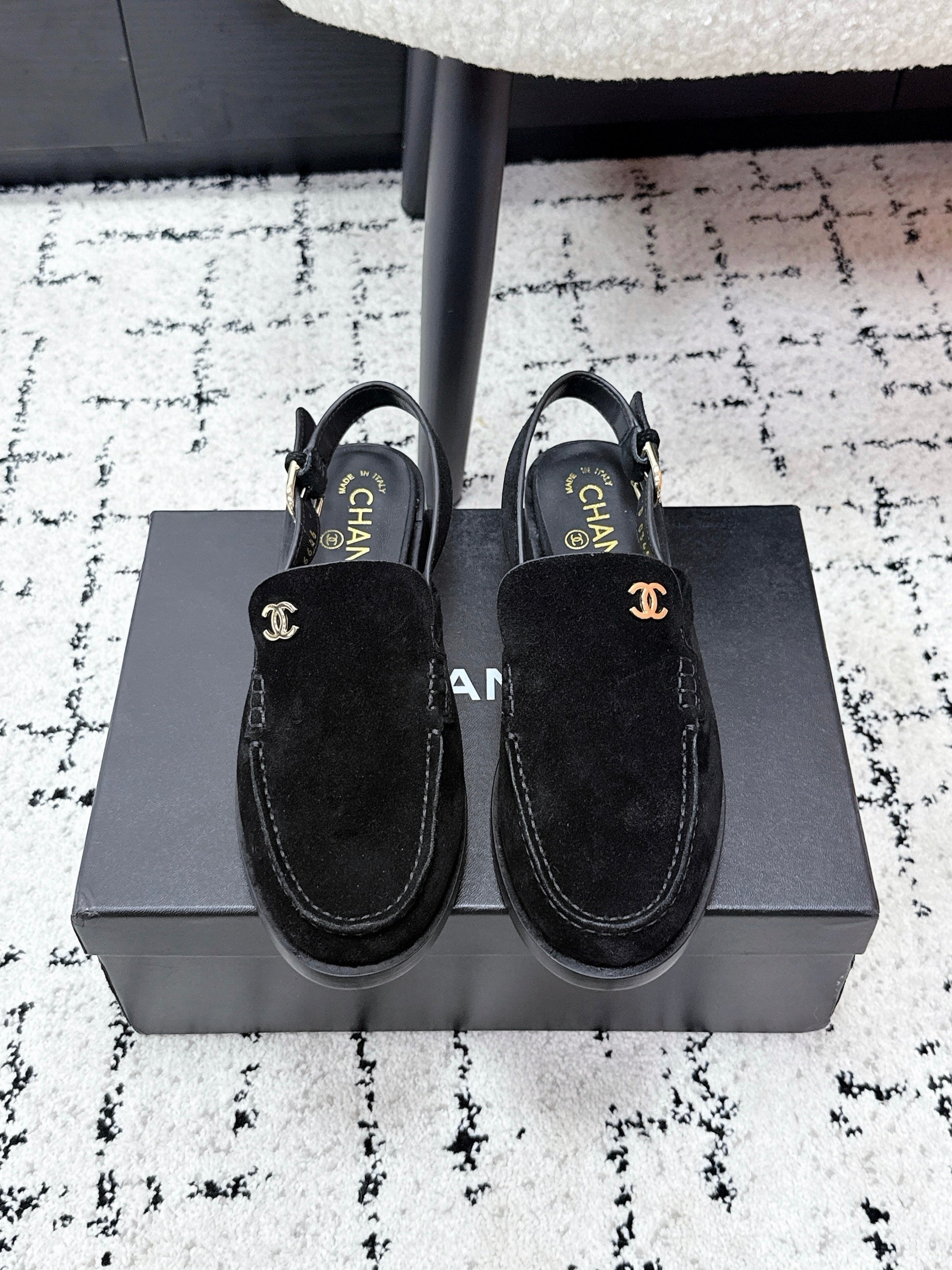 CHANEL 26S SLINGBACK LOAFERS IN BLACK SUEDE WITH CC LOGO